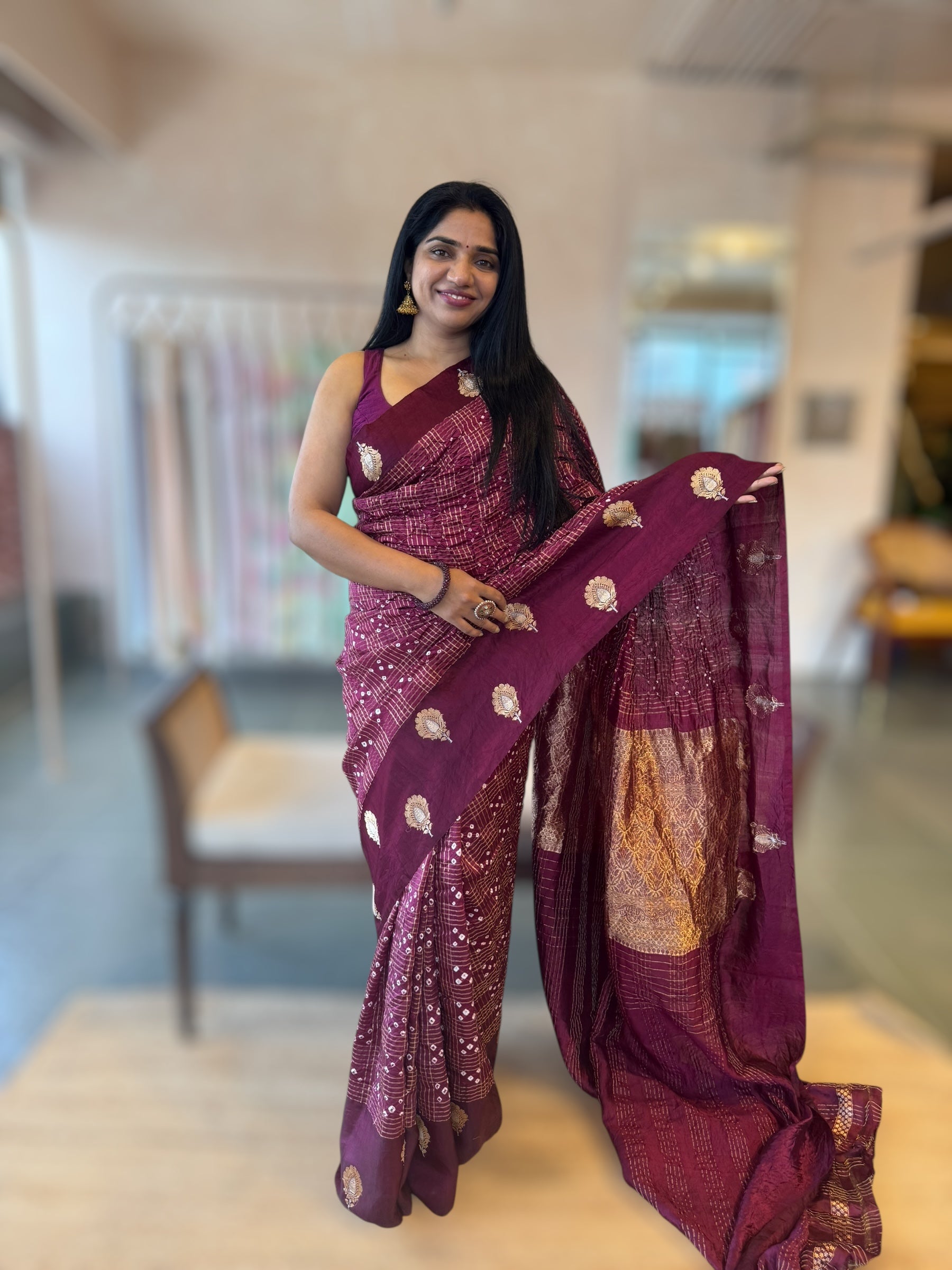Wine Banarasi Bandhej Silk Saree With Kaduwa Woven Open Mashru Borders