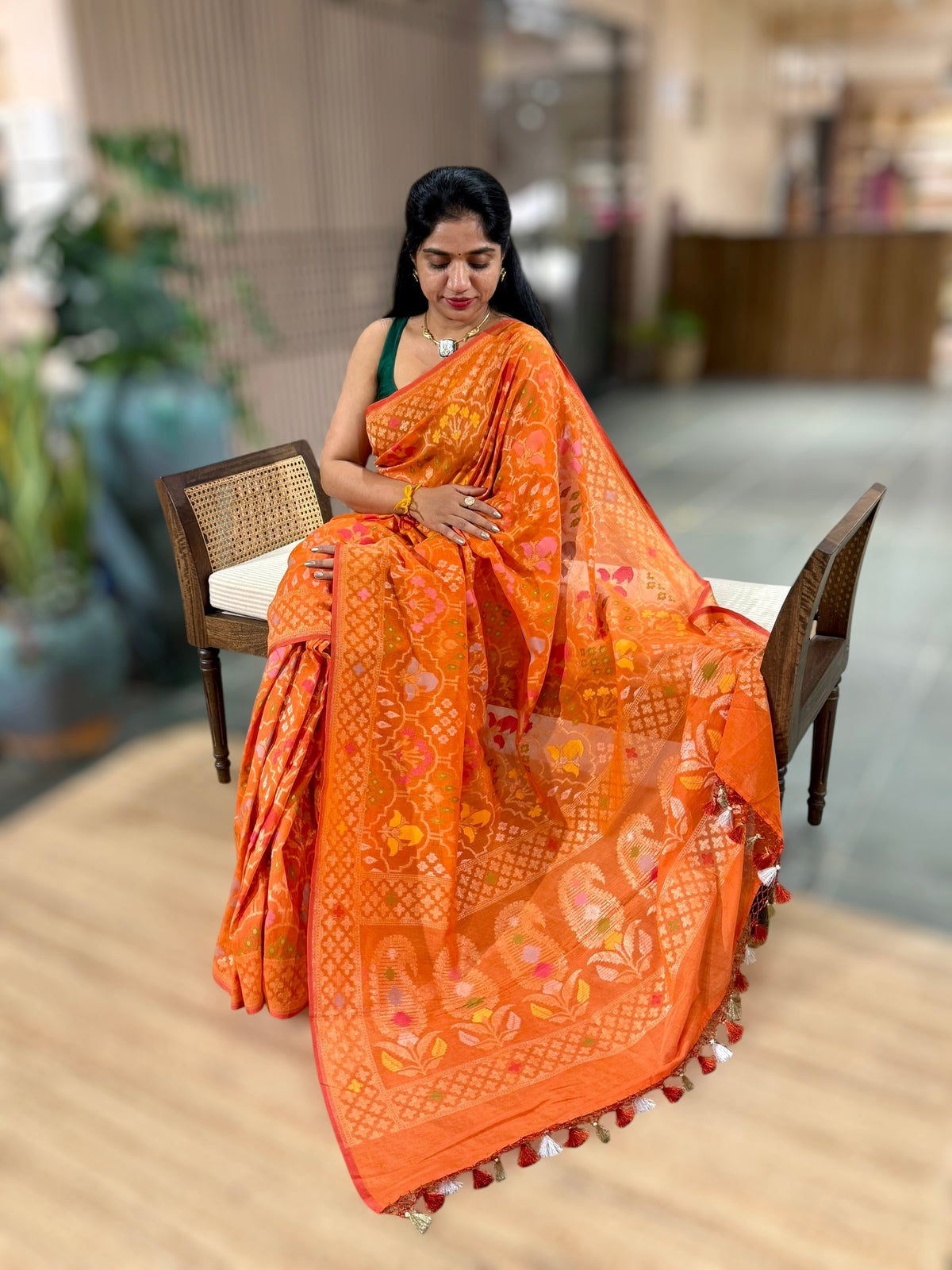 Orange Banarasi Cotton Jamdani Saree With Meenakari Weaving