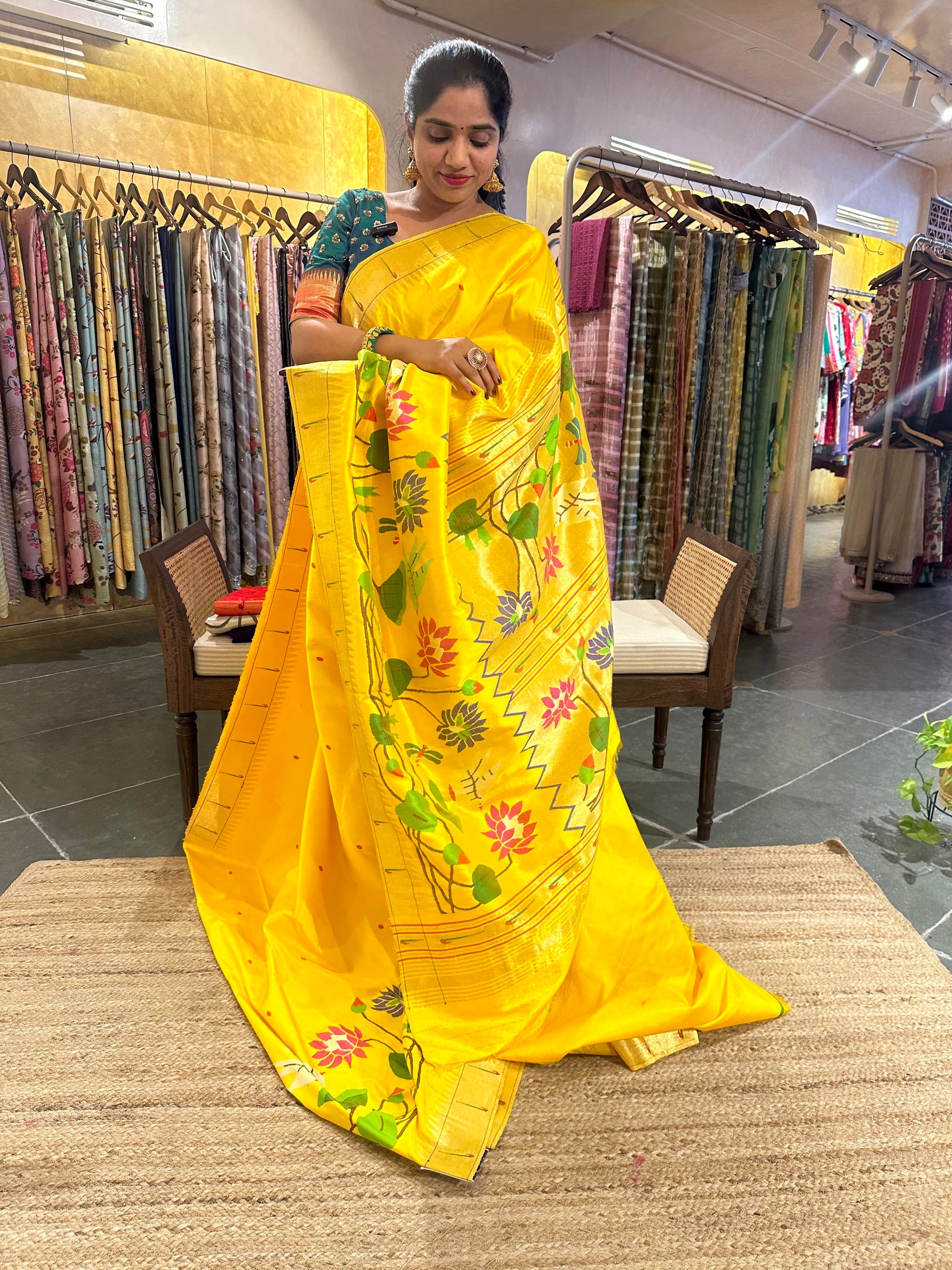 Mango Yellow half allover Pure Paithani saree