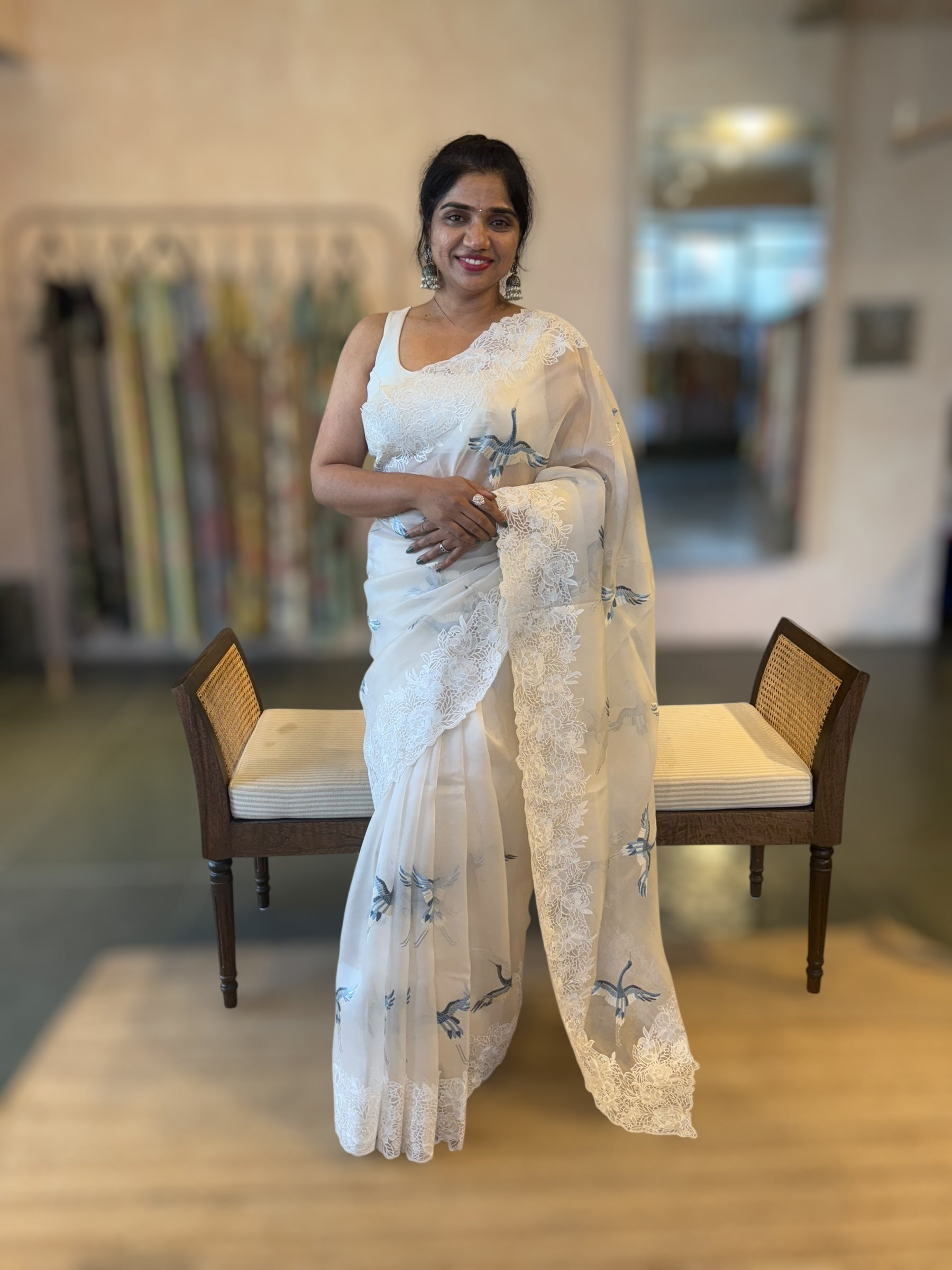 Ivory Organza Saree with Cutwork Borders & Blue Cranes