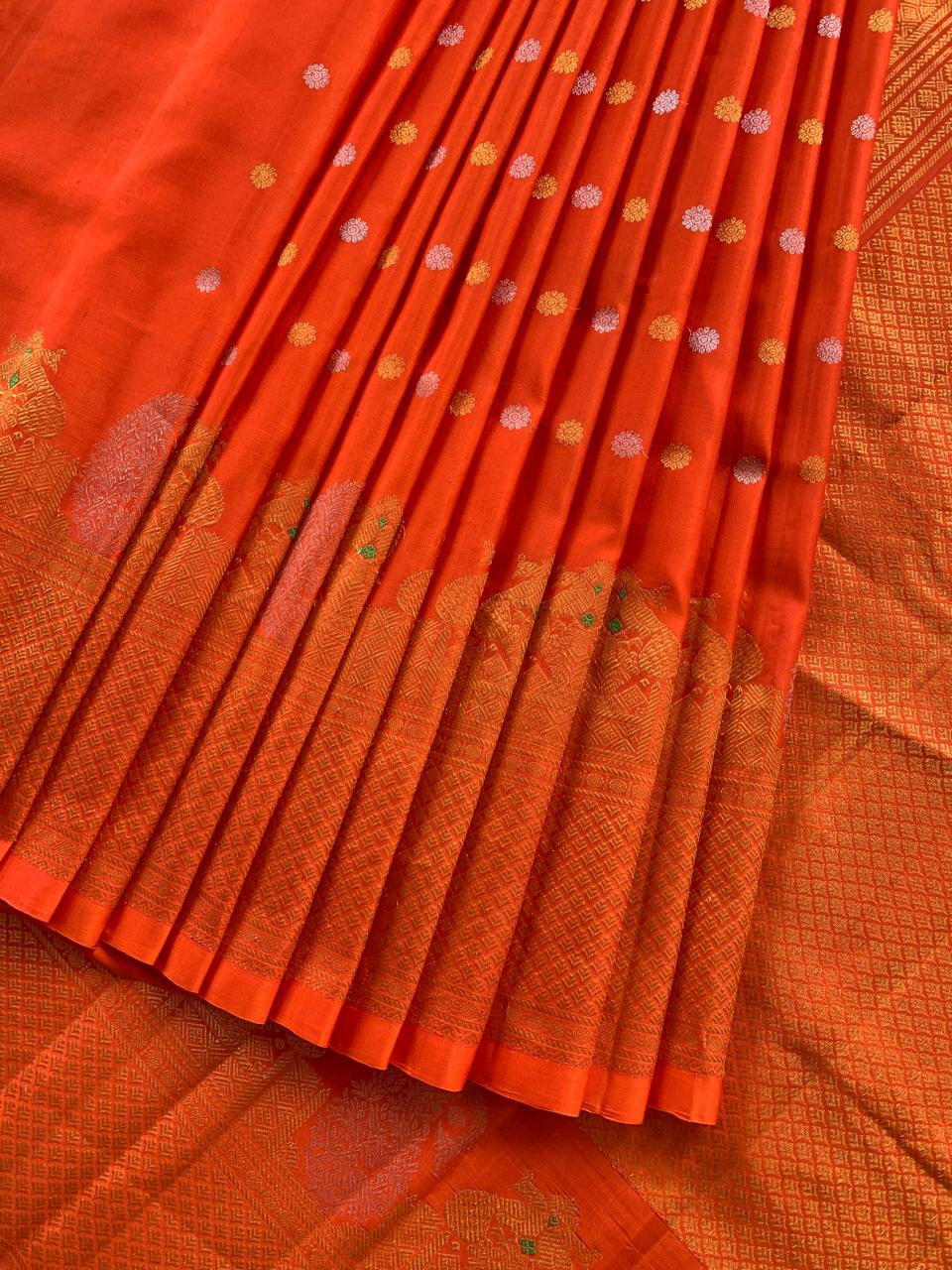 Orange  Pure Handloom Gadwal Saree Turning Borders
