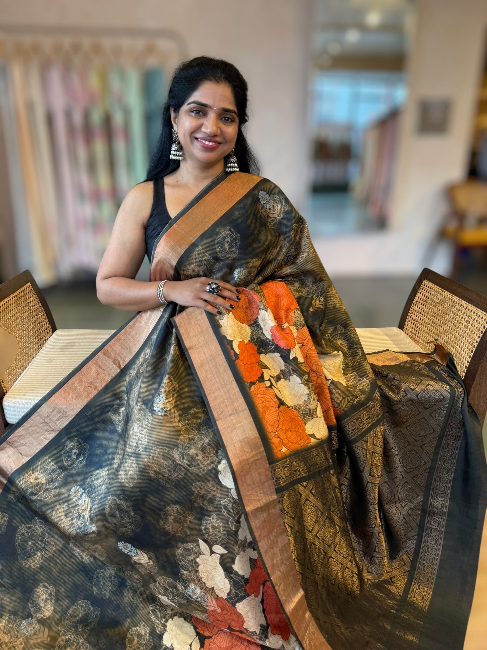 Kanchi Soft Silk Zari Checks Saree With 3D Statement Roses Print Allover