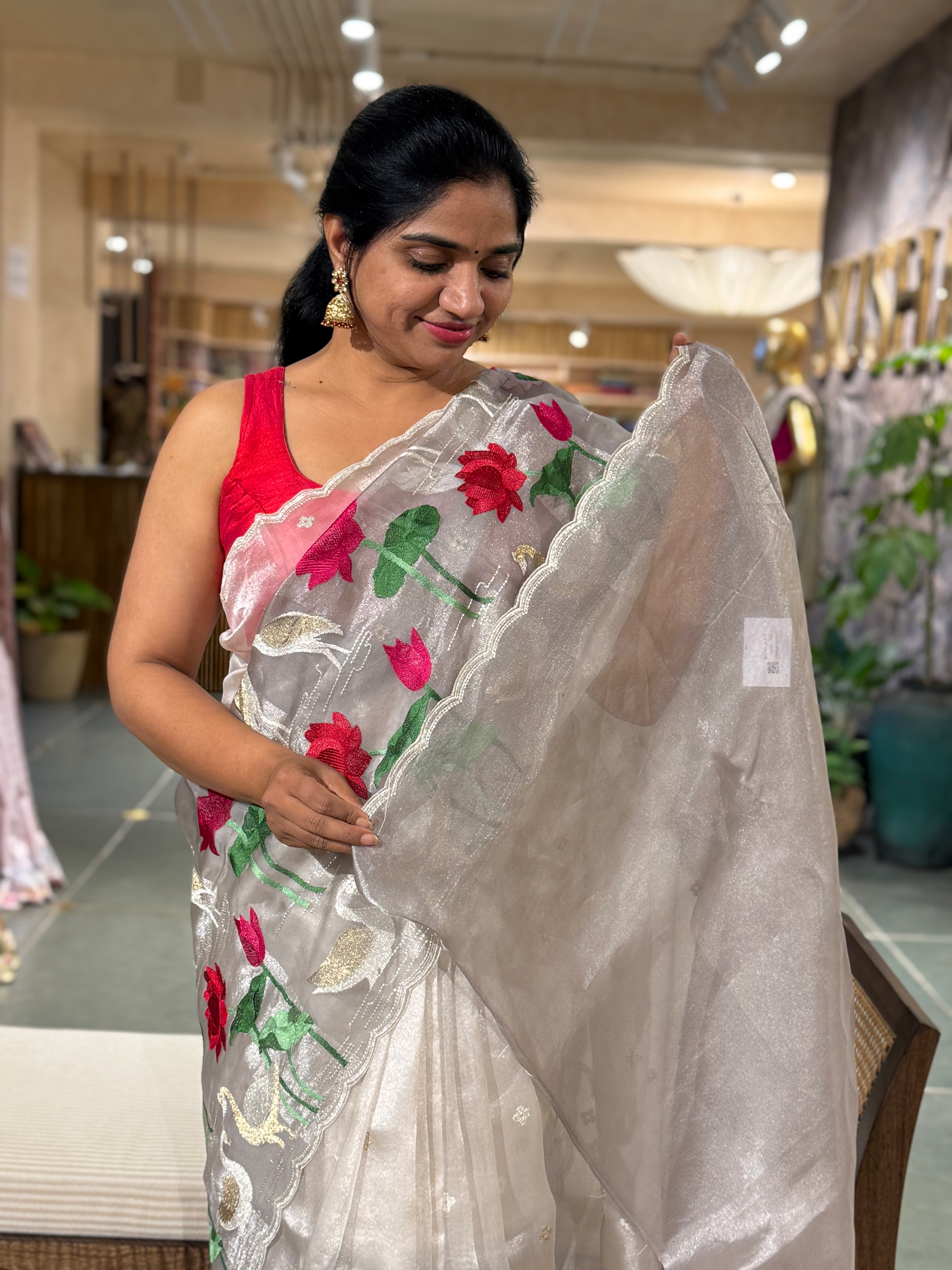 Handloom Kora Tissue Stripes Pichwai Pond themed Embroidered  Saree