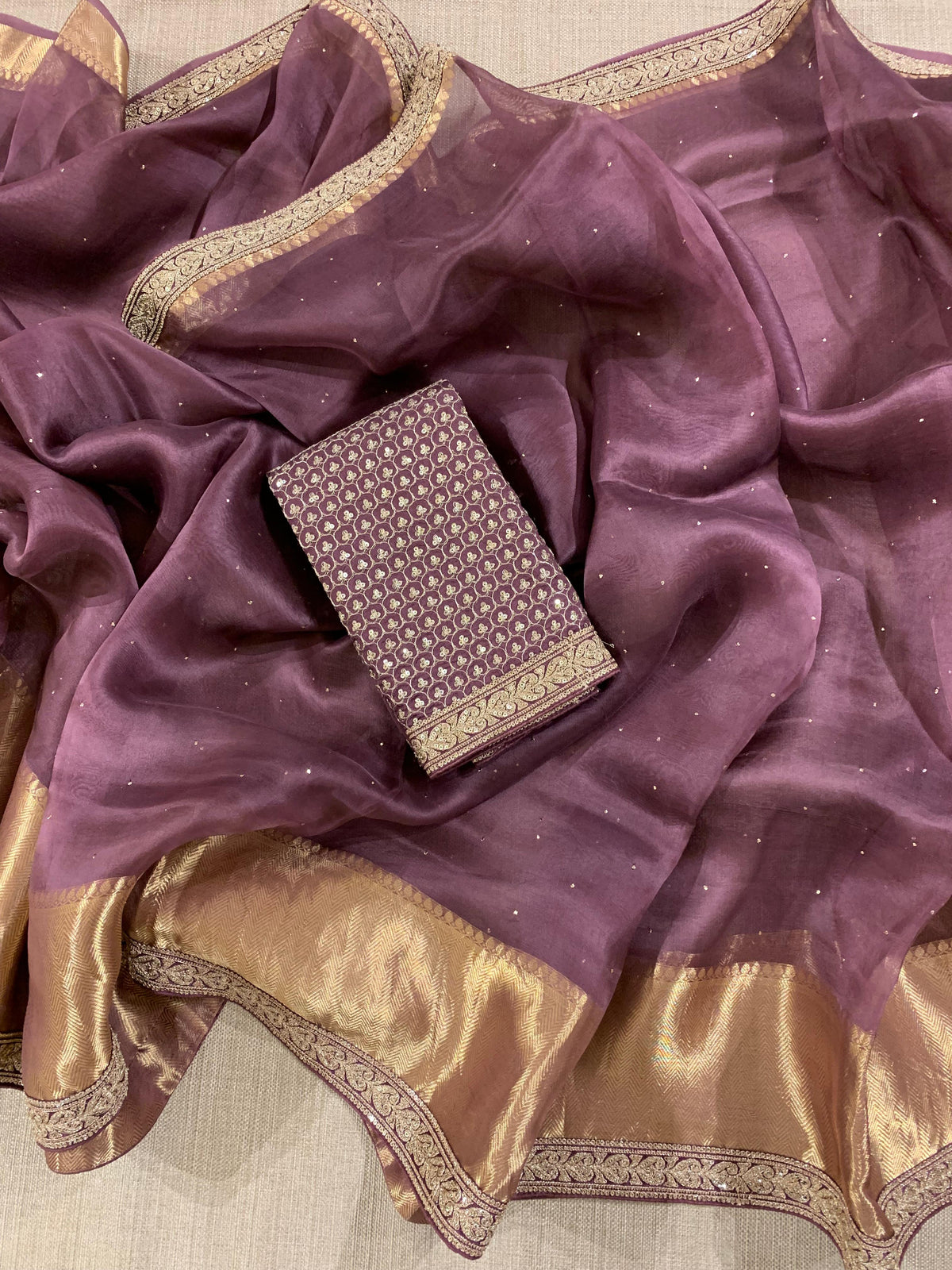 SK1091412ORG:Brownish Wine Kanchi Kora Saree with allover mukaish handwork