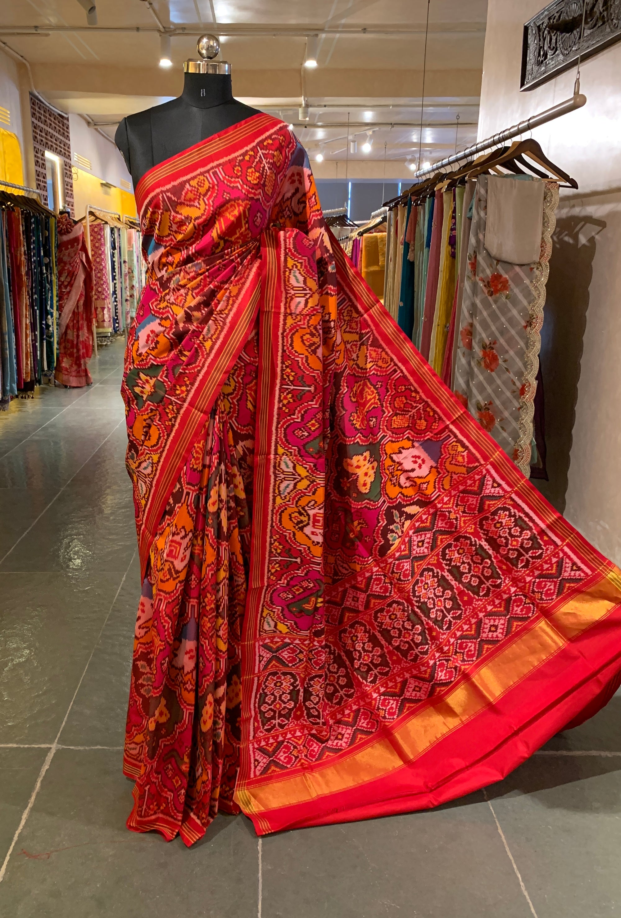 Orange , Red & yellow Combo Pure Patan Patola Saree With Allover Creeper Design