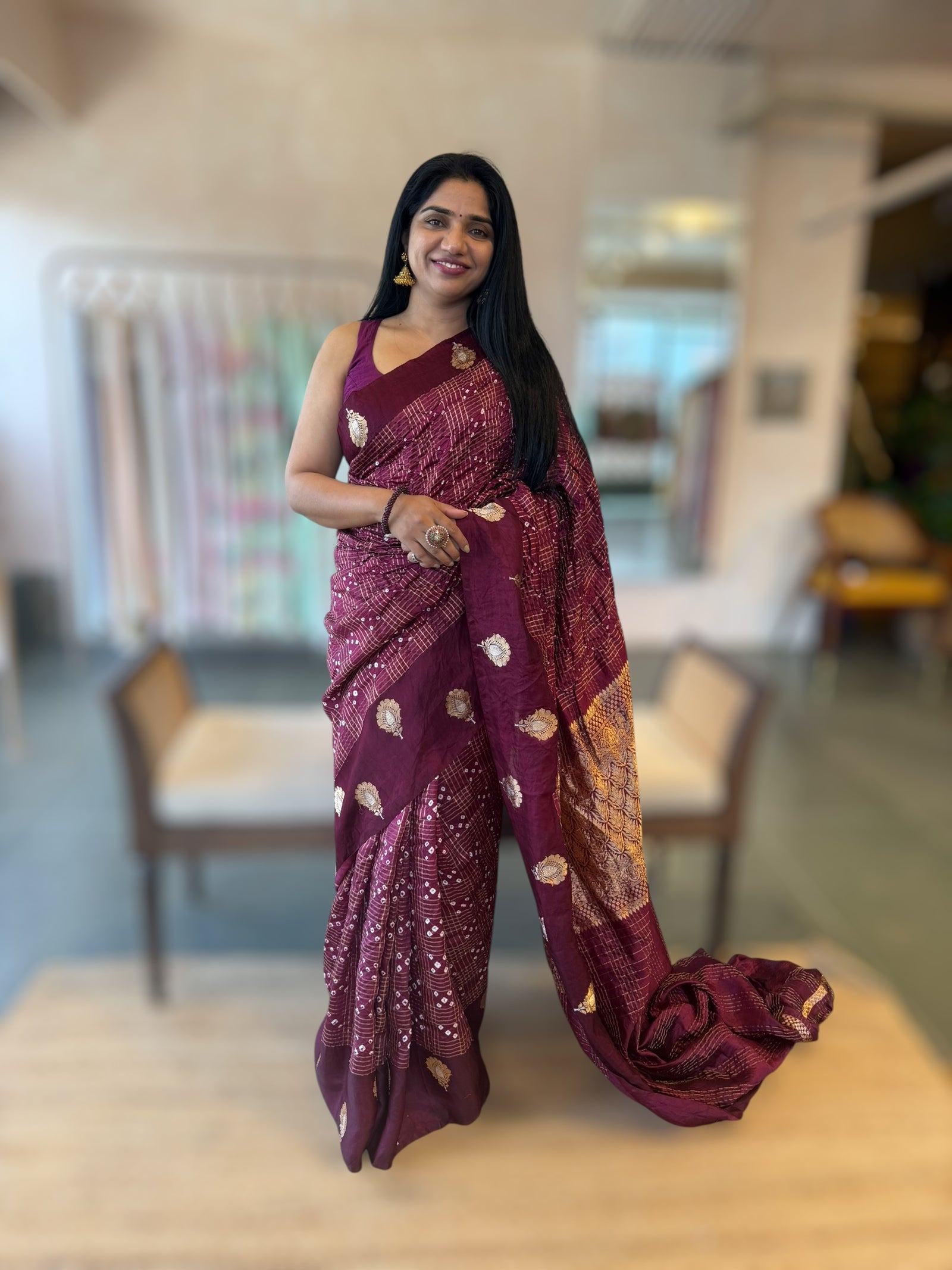 Wine Banarasi Bandhej Silk Saree With Kaduwa Woven Open Mashru Borders