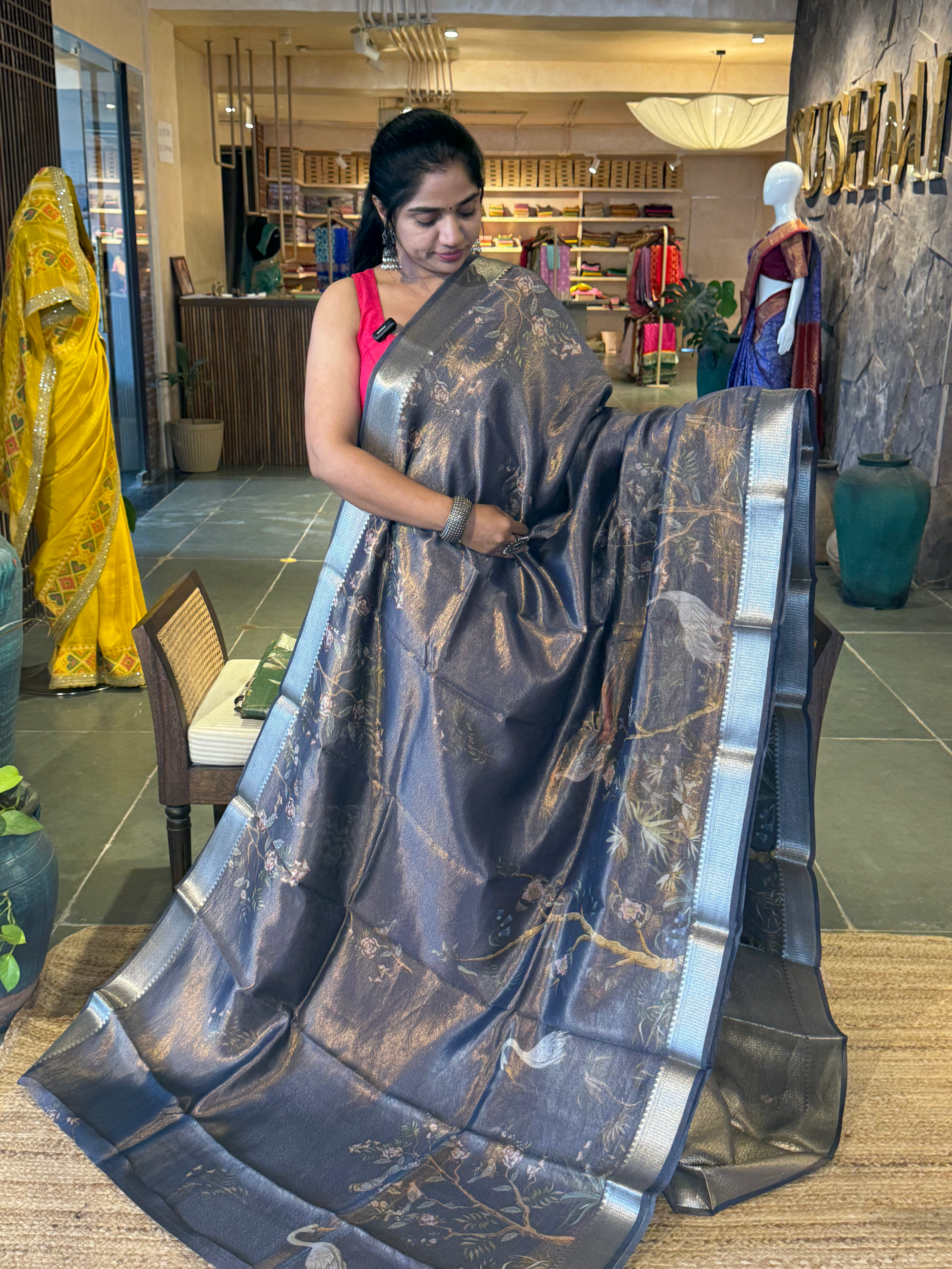 Midnight Blue Brown Banarasi Floral Printed Cotton with brocade pallu &  blouse