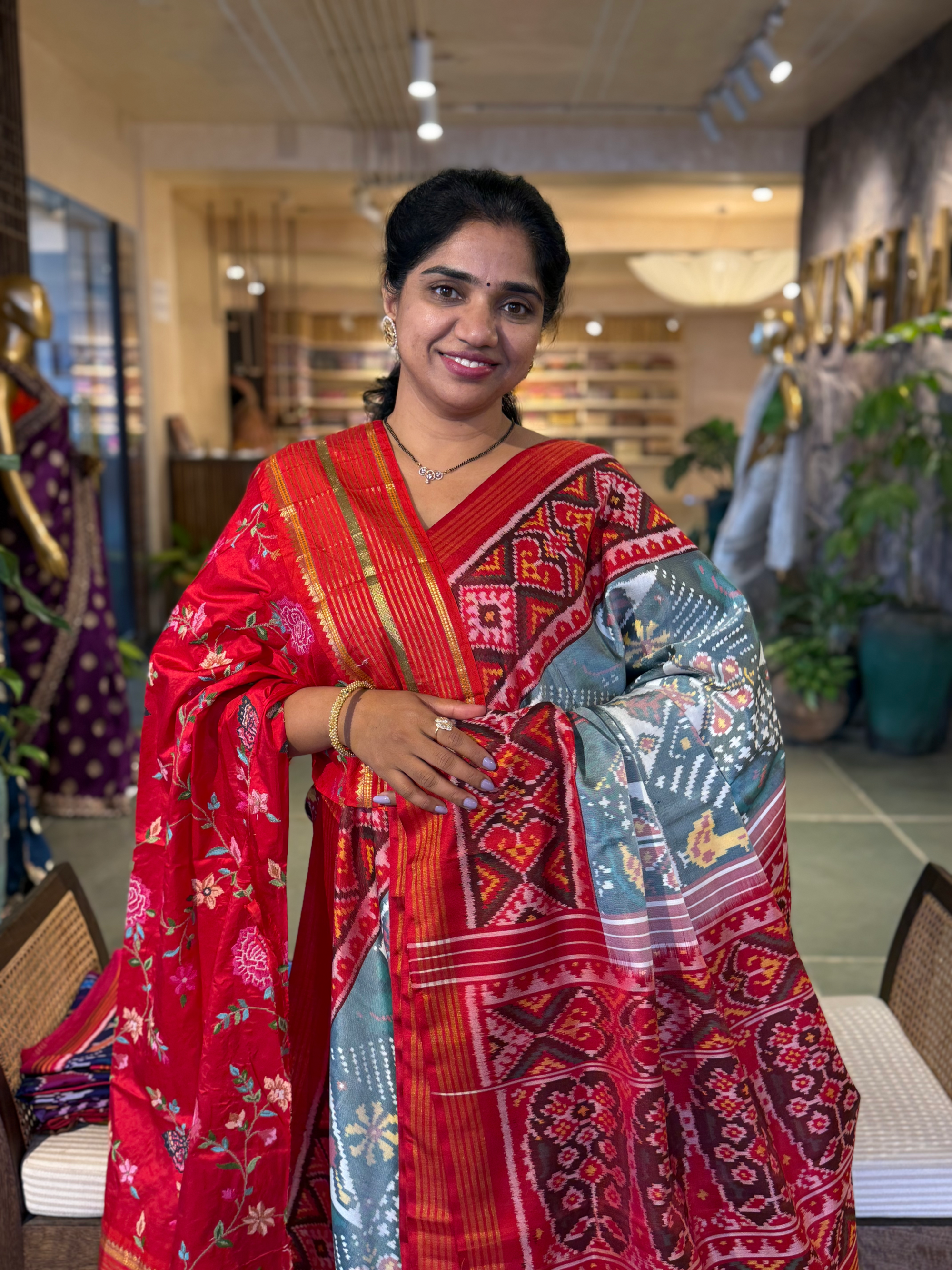Light Blue and  Red Combo Pure Patan Patola Saree with Unique Concept Body