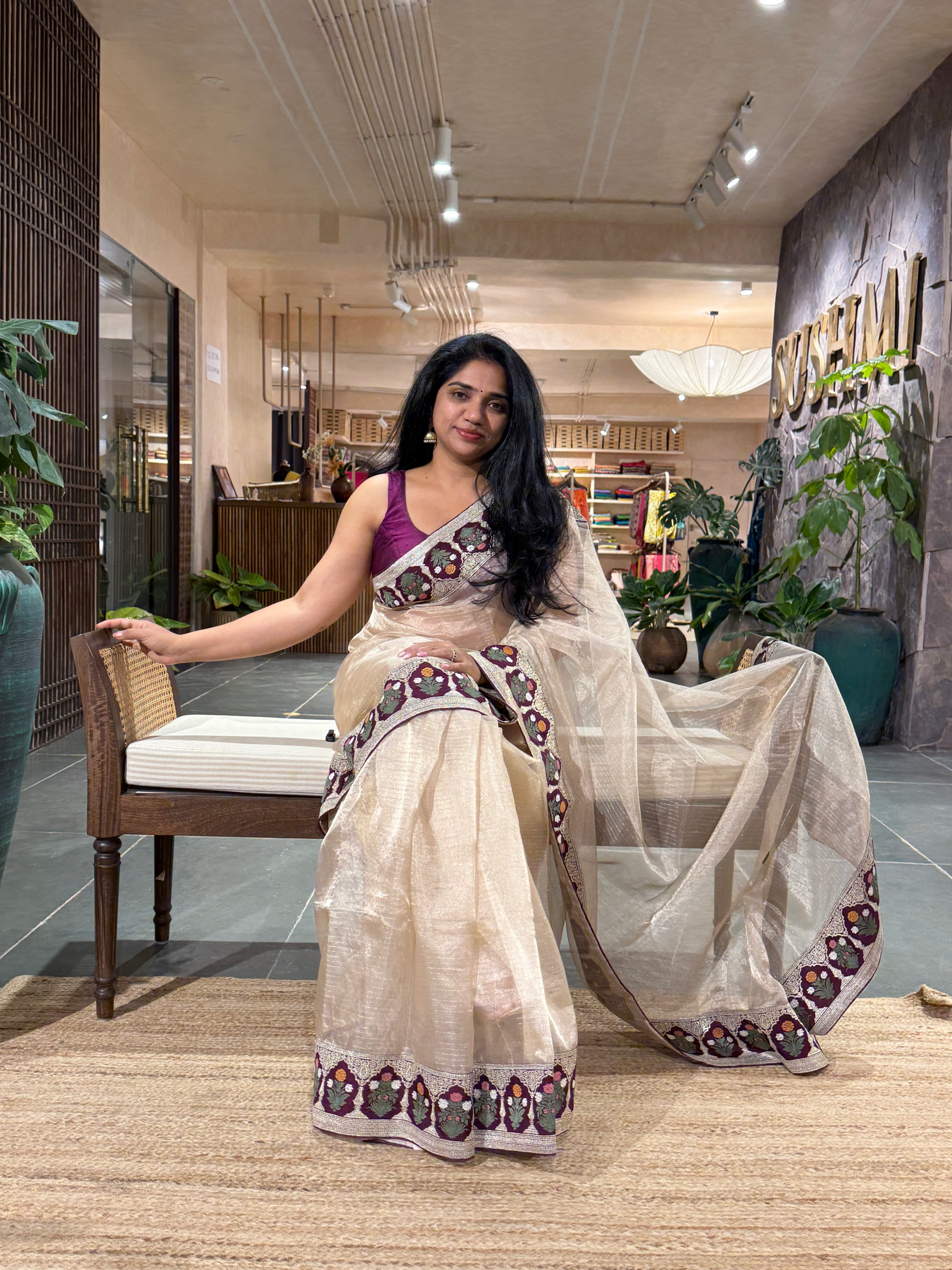 Beige Kora Tissue Stripes Saree With Wine  Sabyasachi Borders & Blouse