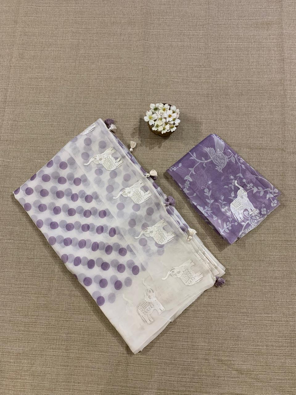 SOCH1305:White & Lilac Organza Saree Wth Embroidered ElephantBorder & Floral BP