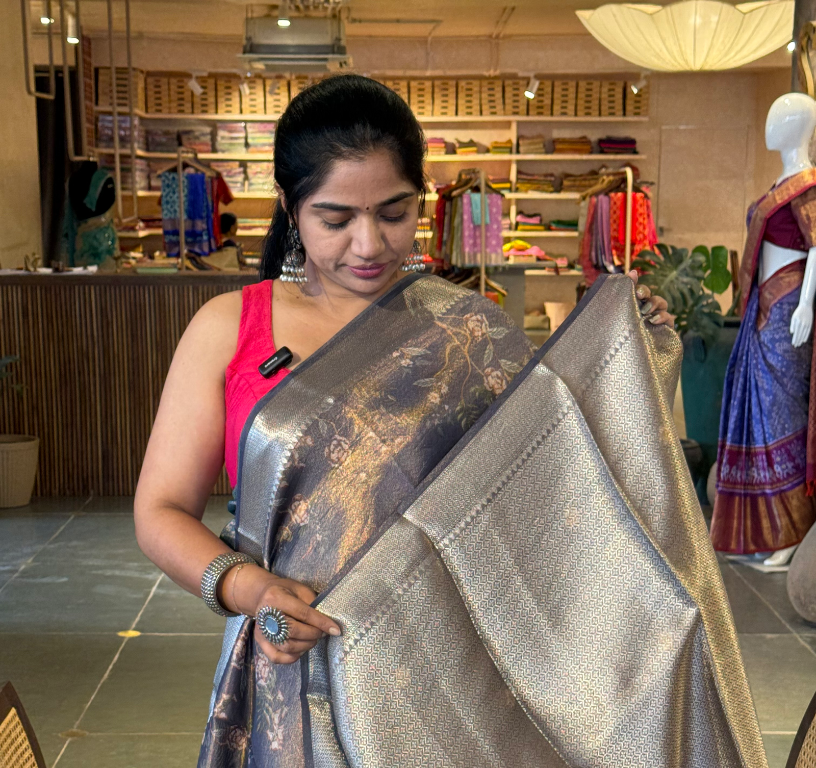 Brown Banarasi Floral Printed Cotton Saree with brocade pallu and blouse