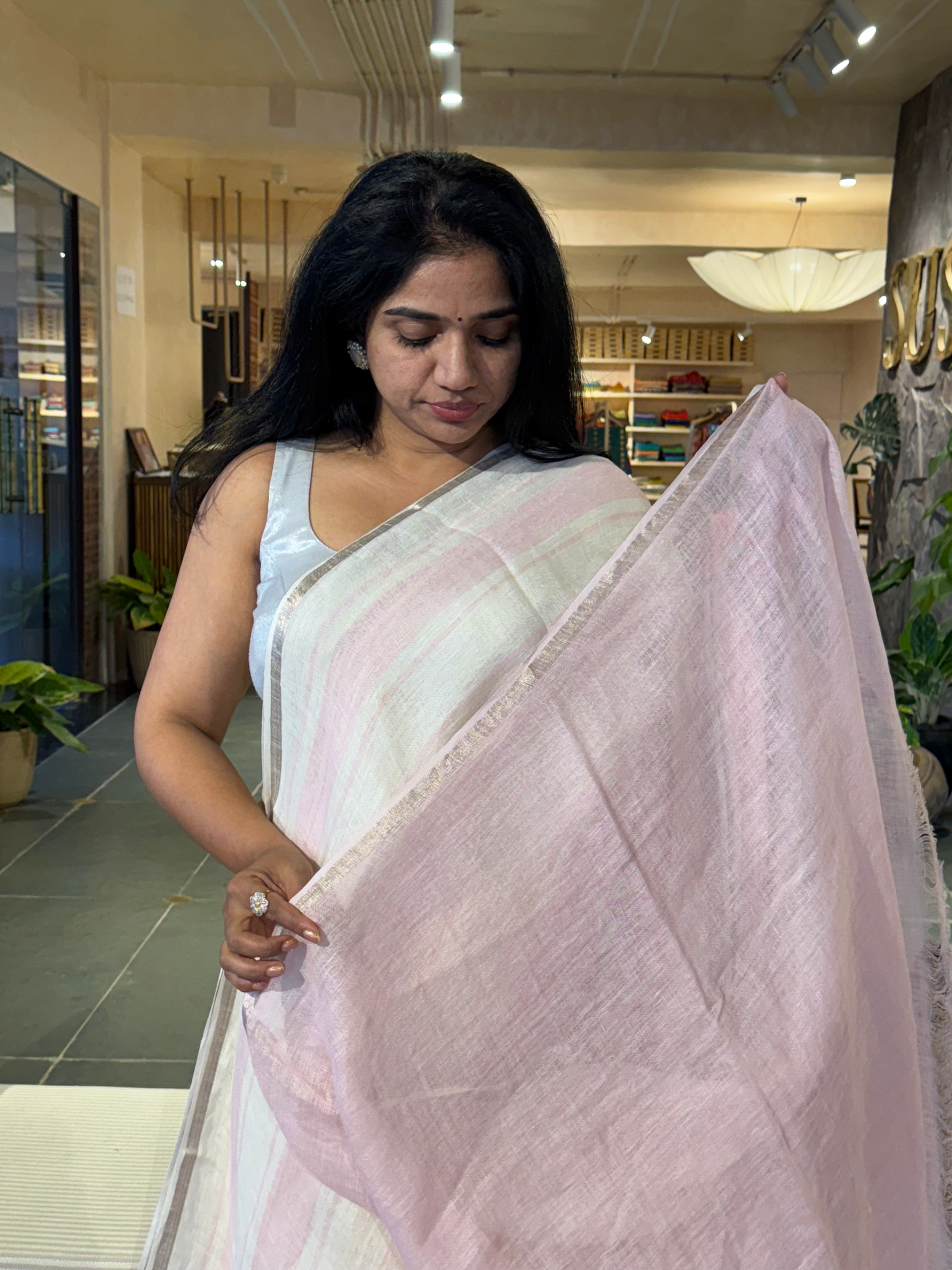 Ivory & Baby Pink Handloom Lenin Striped Saree With Statement Flower Pallu