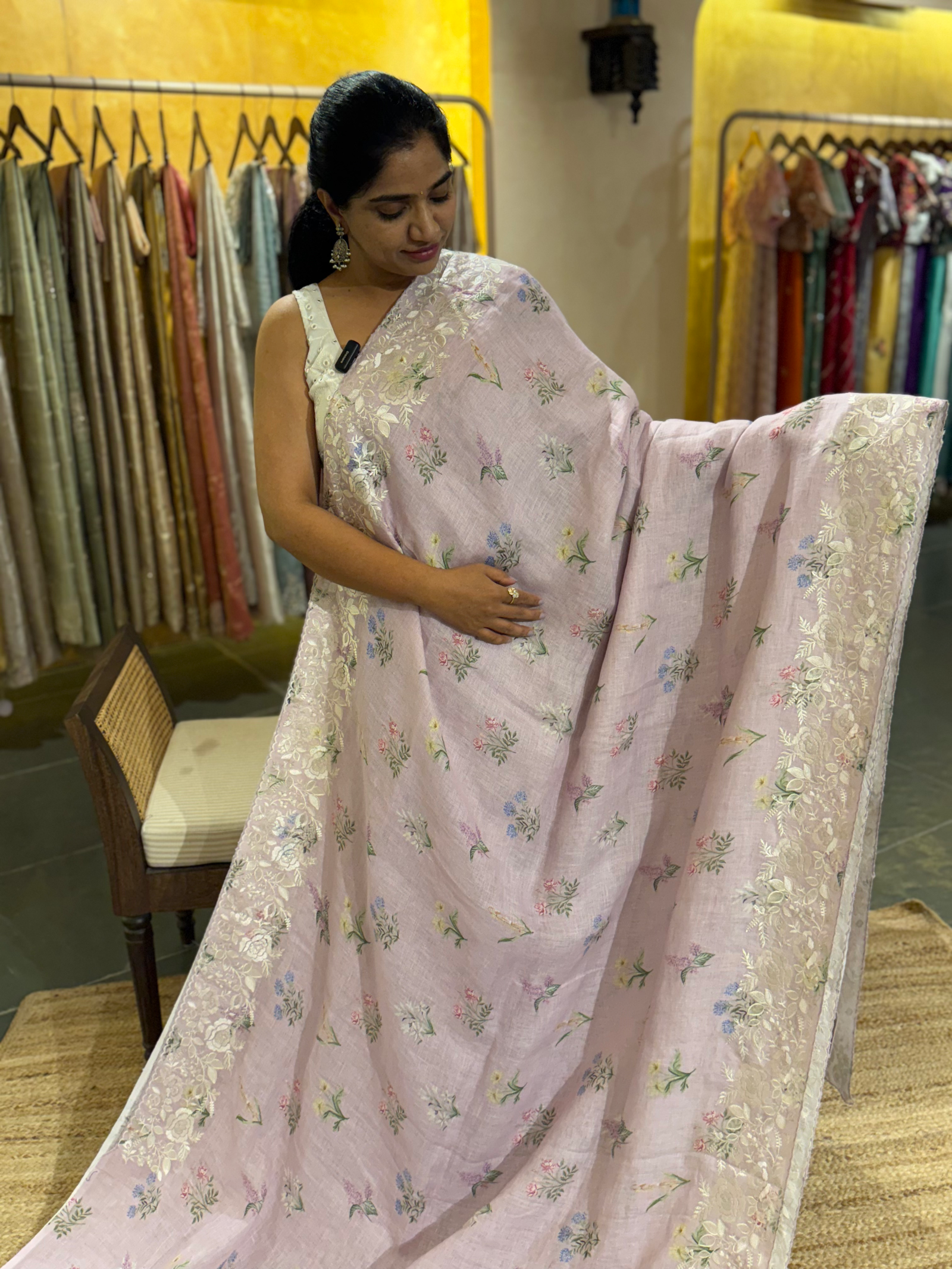 Lilac Pure Handloom Lenin Print Saree With  Parsi Gara Style Embroidery