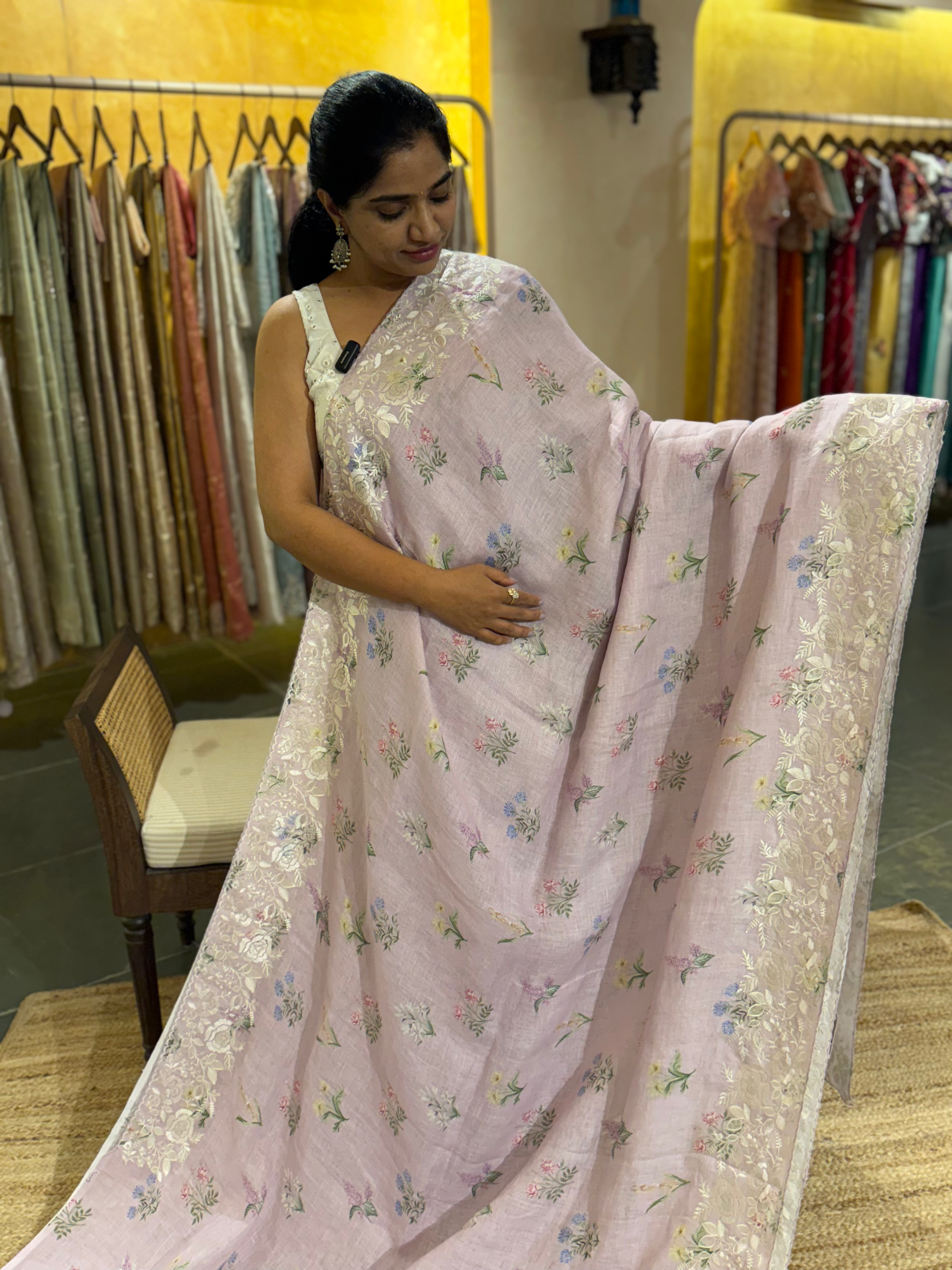 Lilac Pure Handloom Lenin Print Saree With  Parsi Gara Style Embroidery