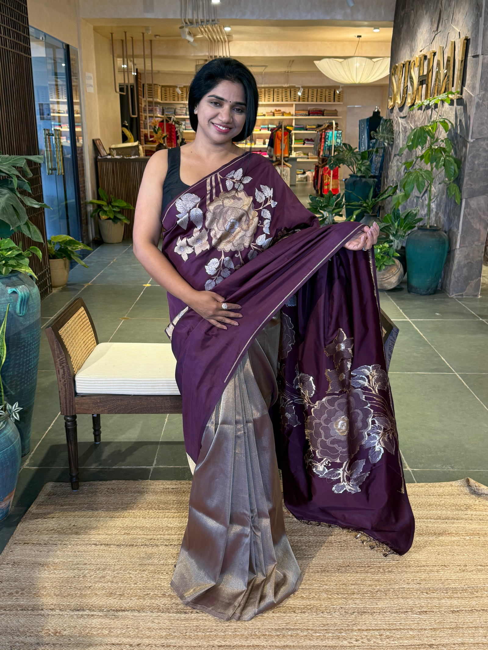 Wine and Antique Gold Designer Banarasi Silk Saree