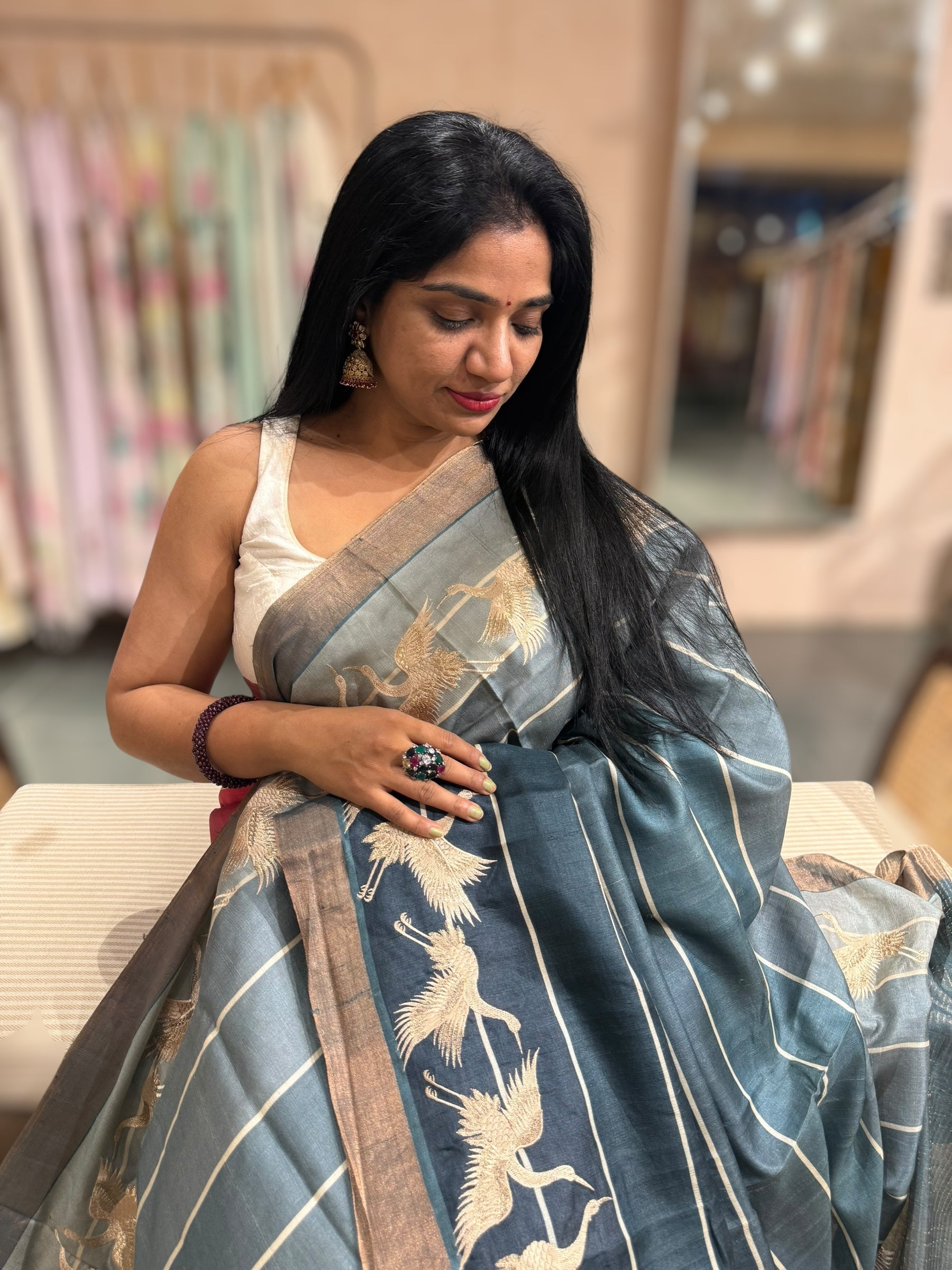Tussar Rangkaat Saree With Crane Embroidered Border