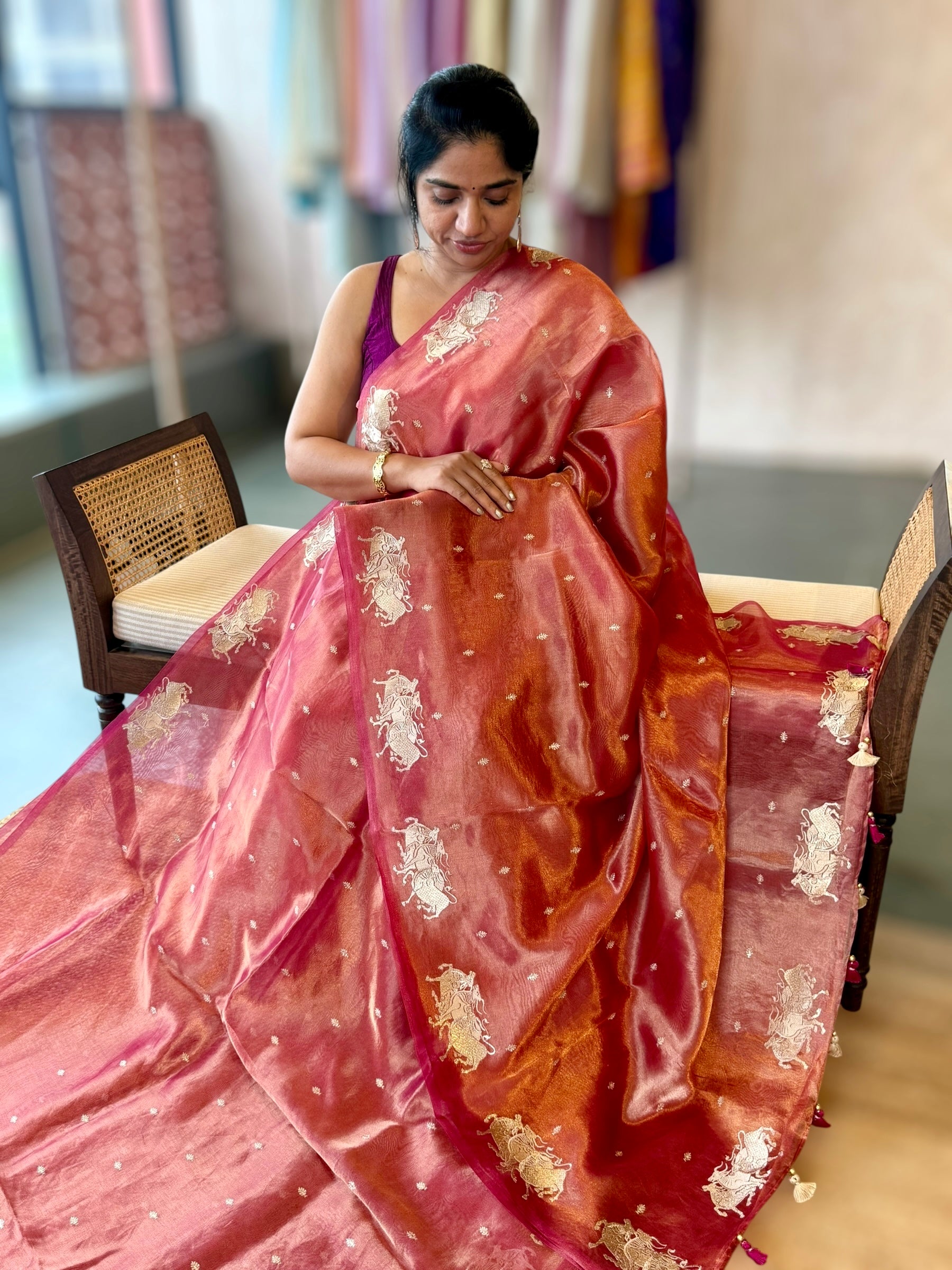 Pink Handloom Tissue Saree wth Nandi Embroidered Border & Stripes Tissue BP