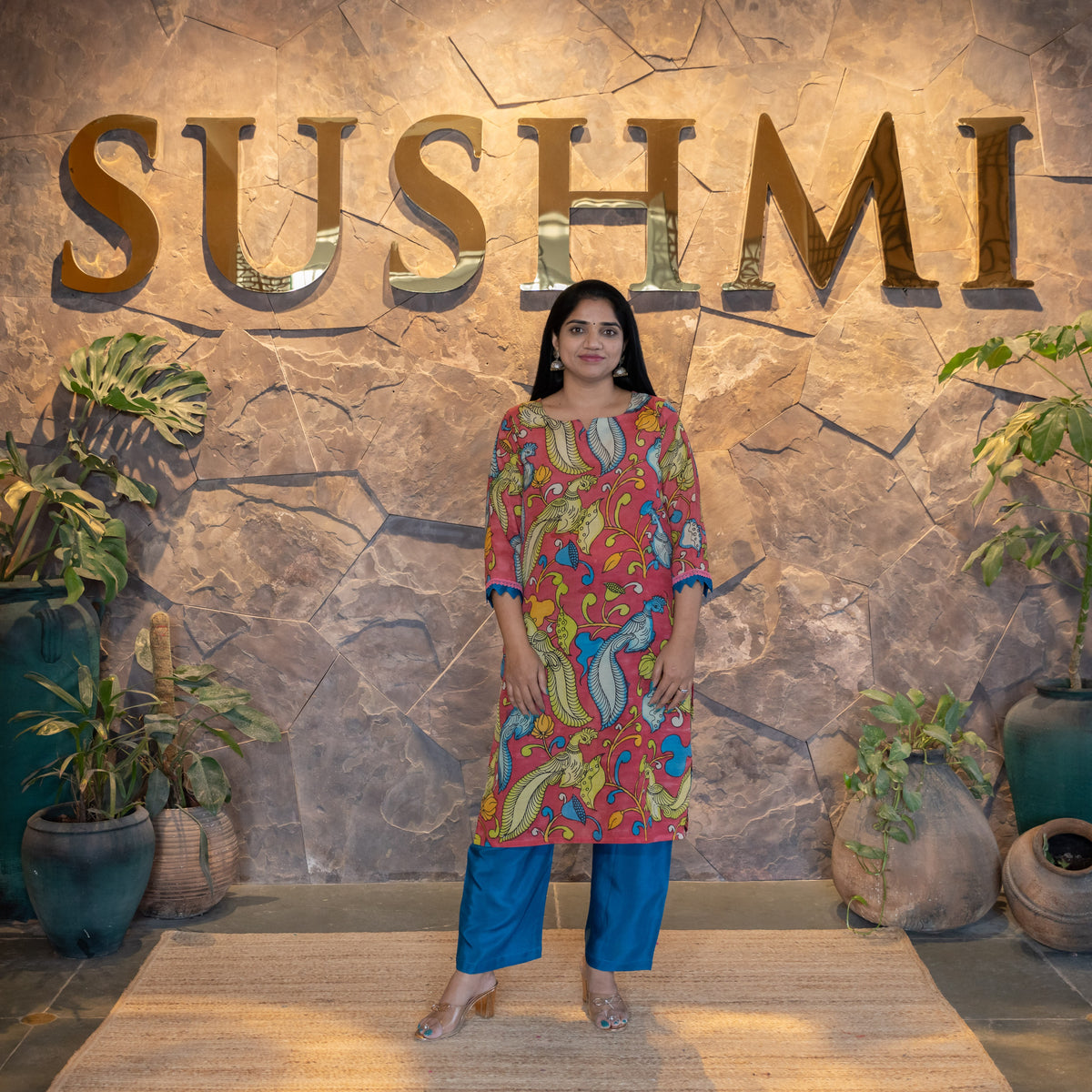 Statement Peacock Pen Kalamkari Silk Coordset