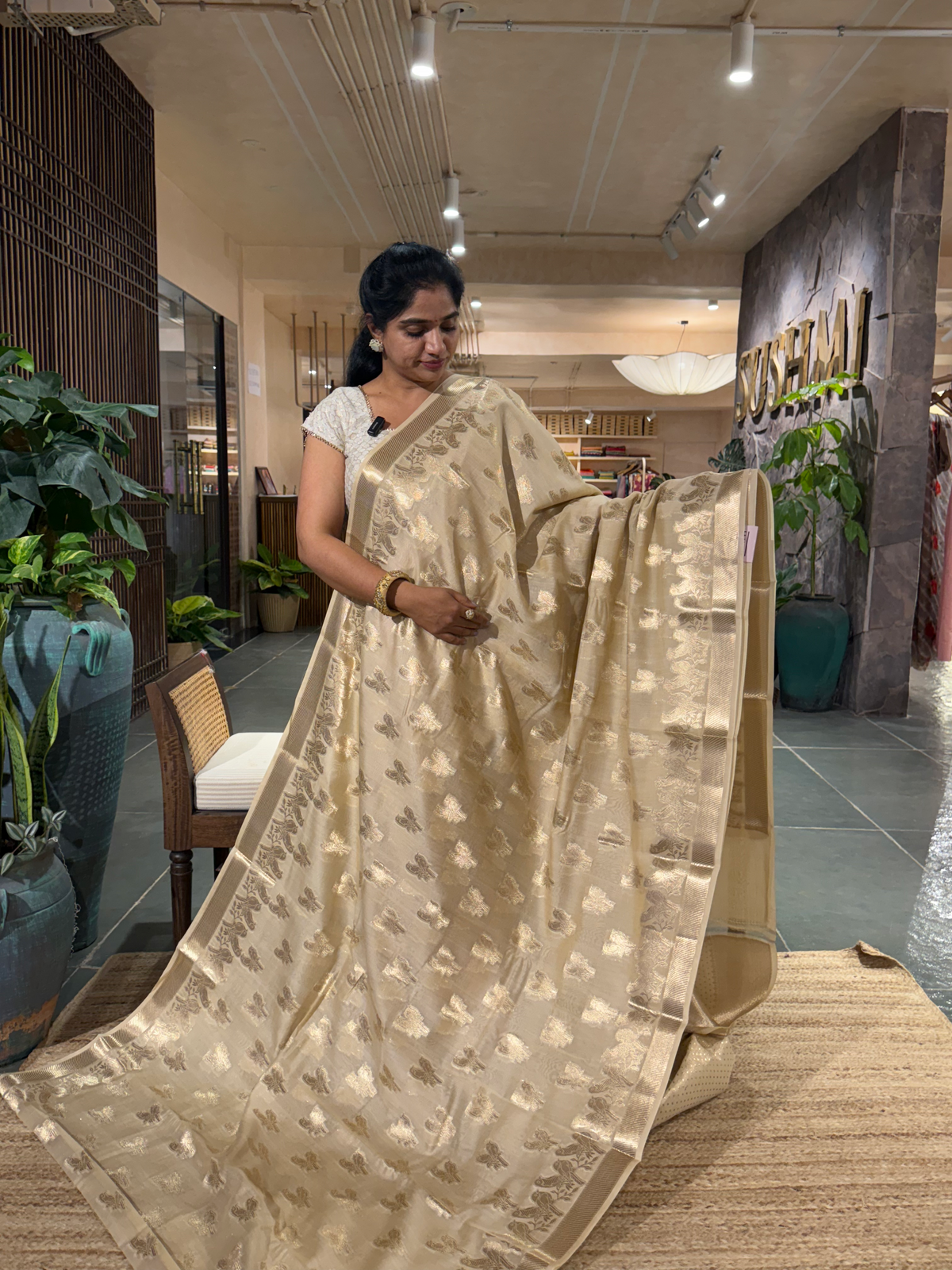 BMSA1407 Beige Banaras mul silk Cotton allover love birds weaving  Saree