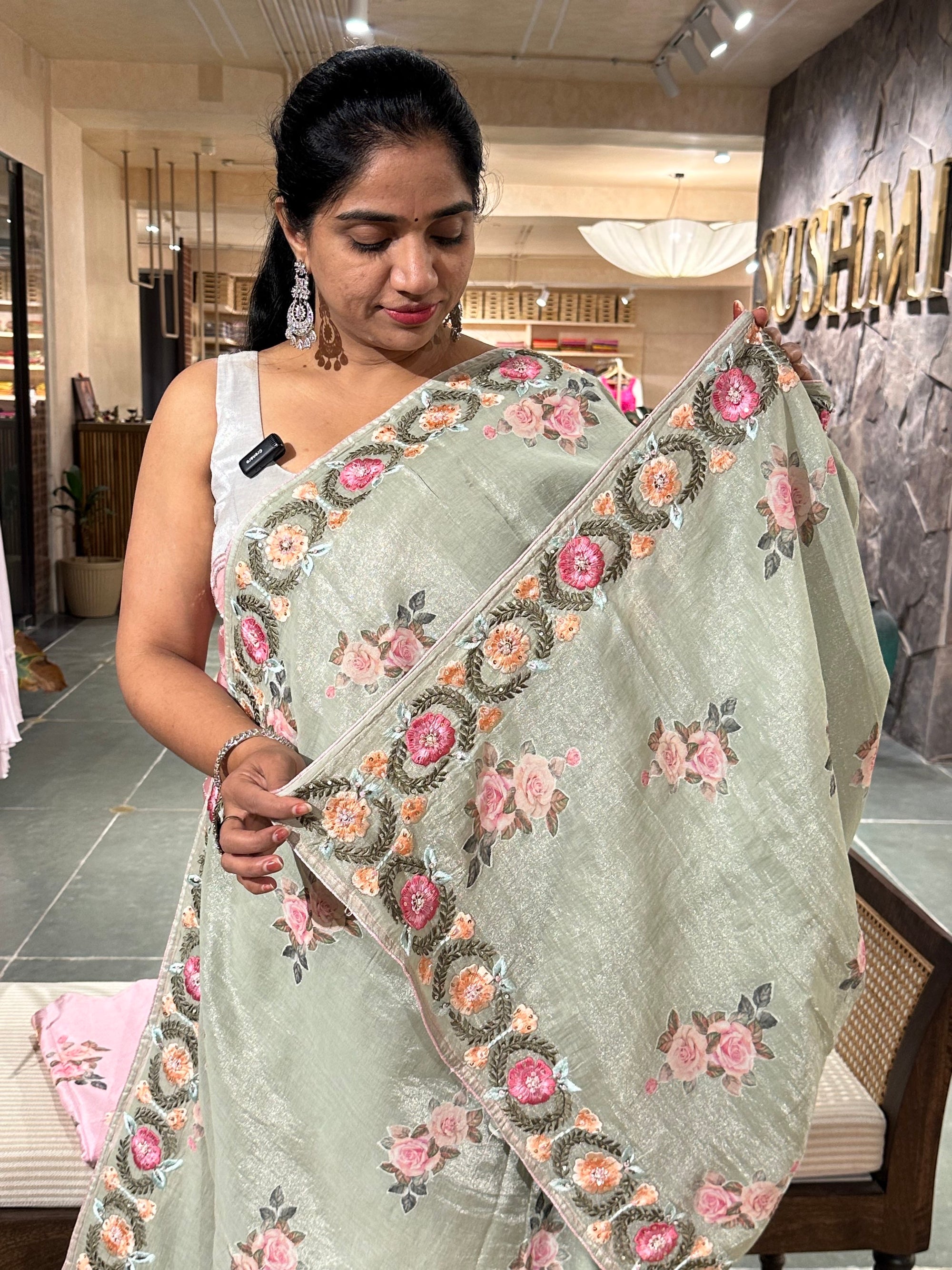 Pista Green Cotton Tissue Saree with allover floral bunches applique work