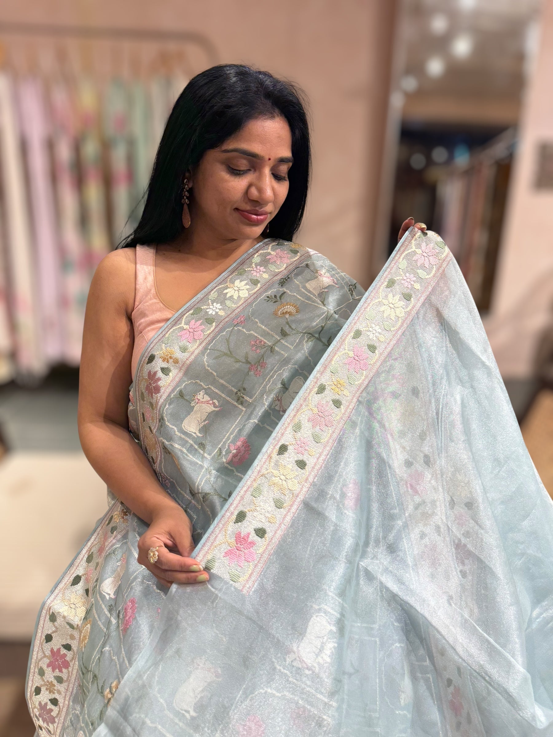 Powder Blue Pure Tissue With Jamdani Inspired Allover Pichwai  Embroidery