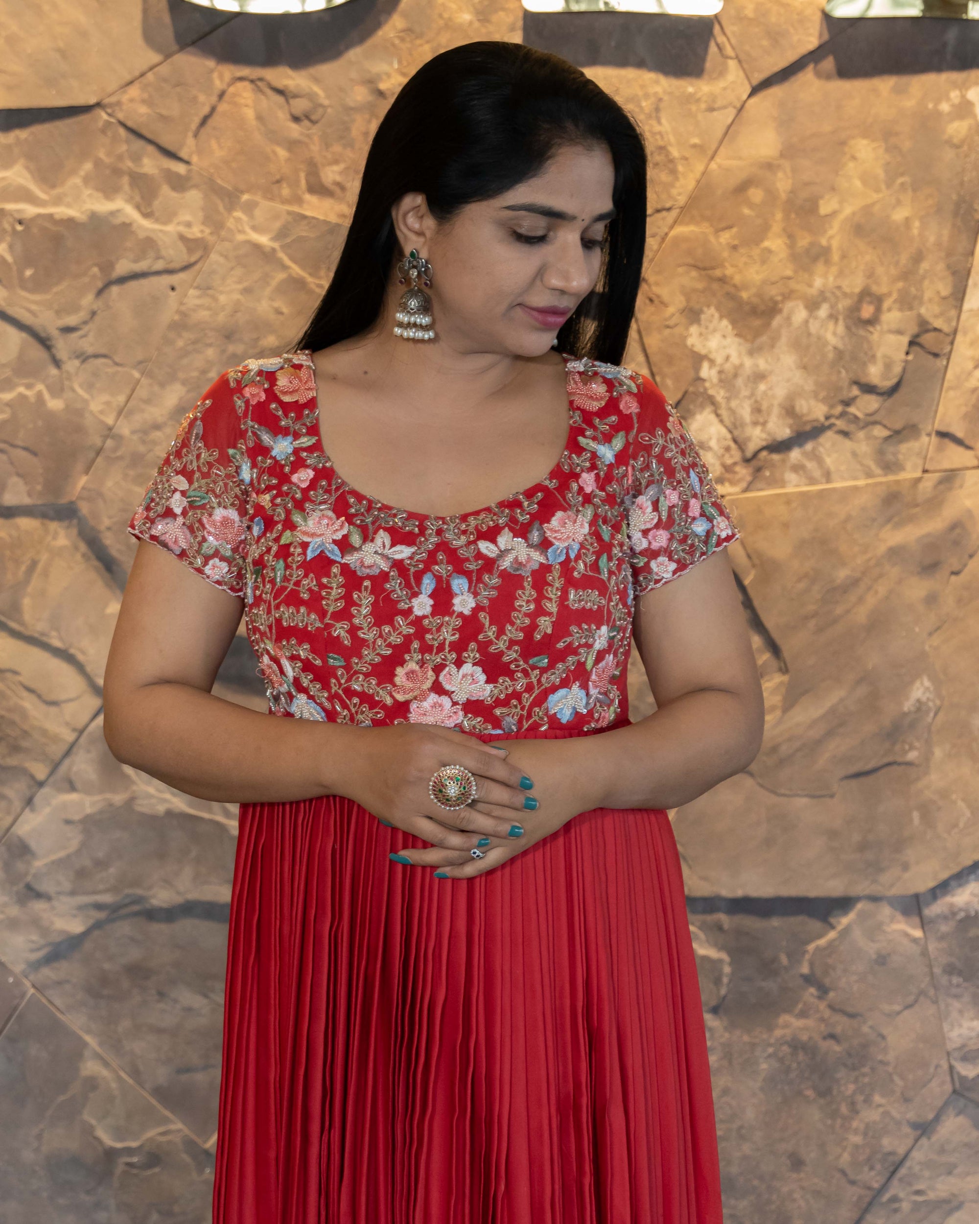 Red Modal Satin Silk Long Frock with heavy handwork yoke