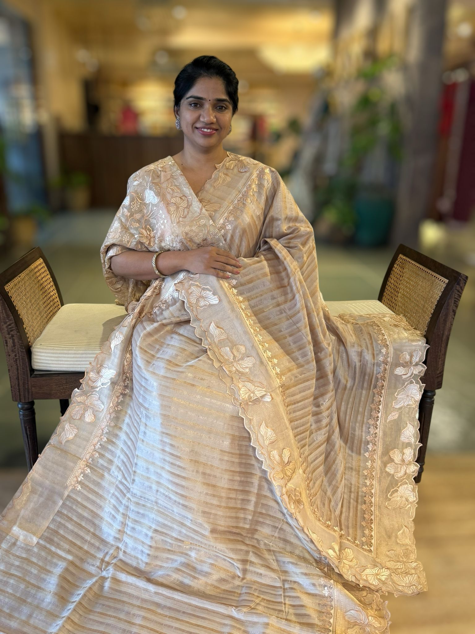 Earthy tone Mul Tissue Stripes Saree With Tissue Cutwork  Border & Blouse