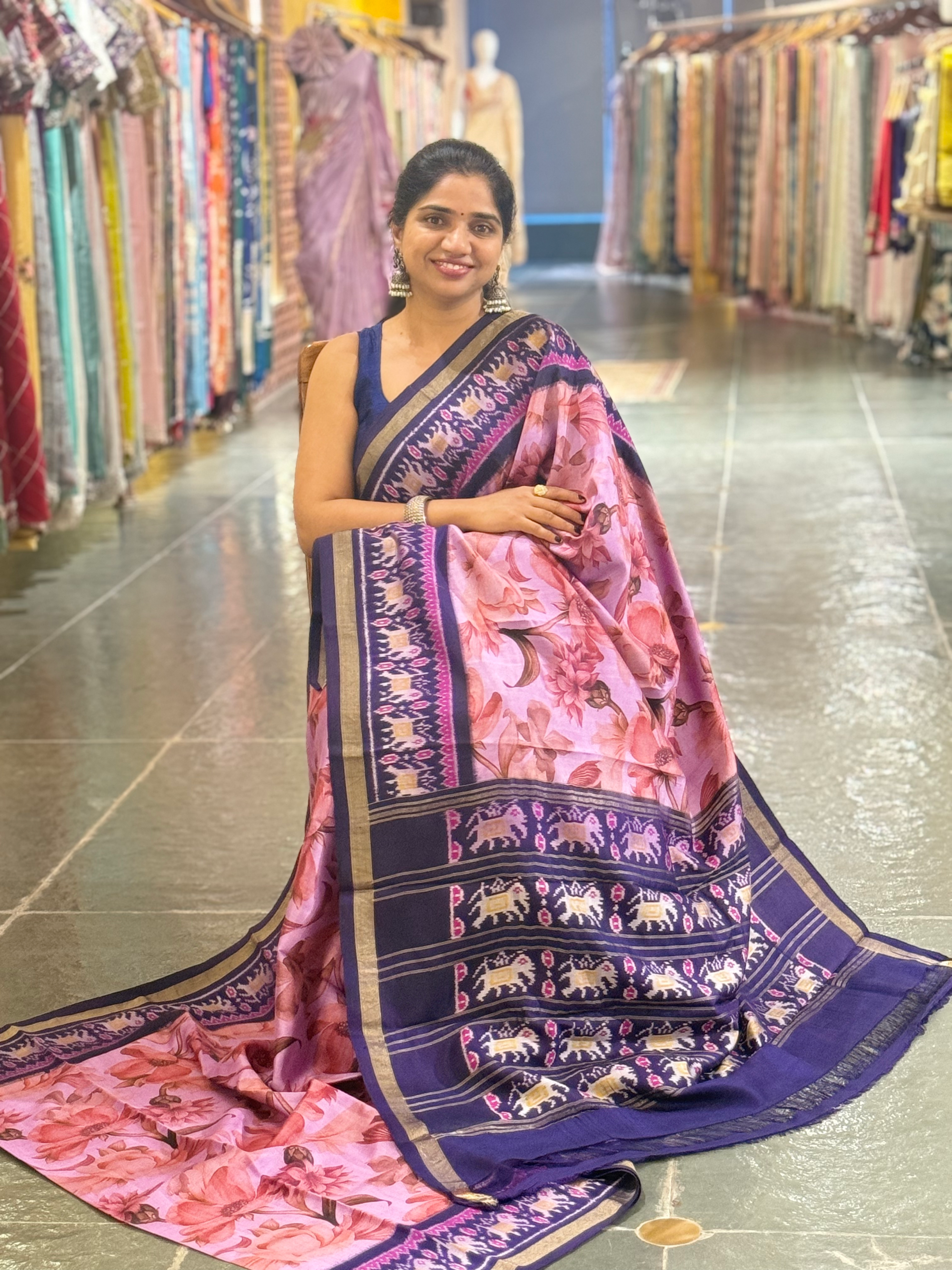 Ikkath Patola Sarees with Pen Kalamkari Style Digital  Prints