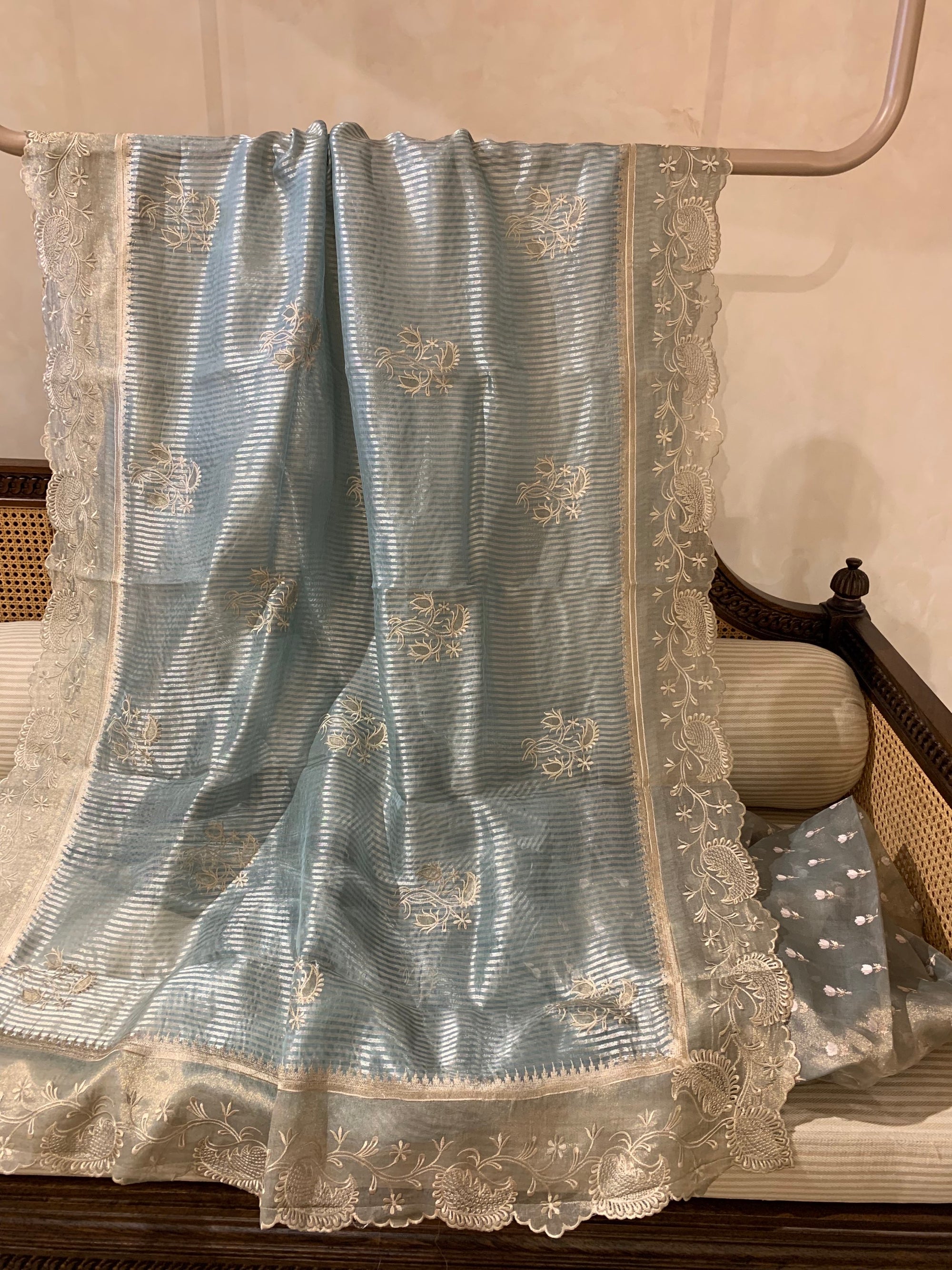 Iceberg Blue Designer Banarasi Tissue Saree with embroidery