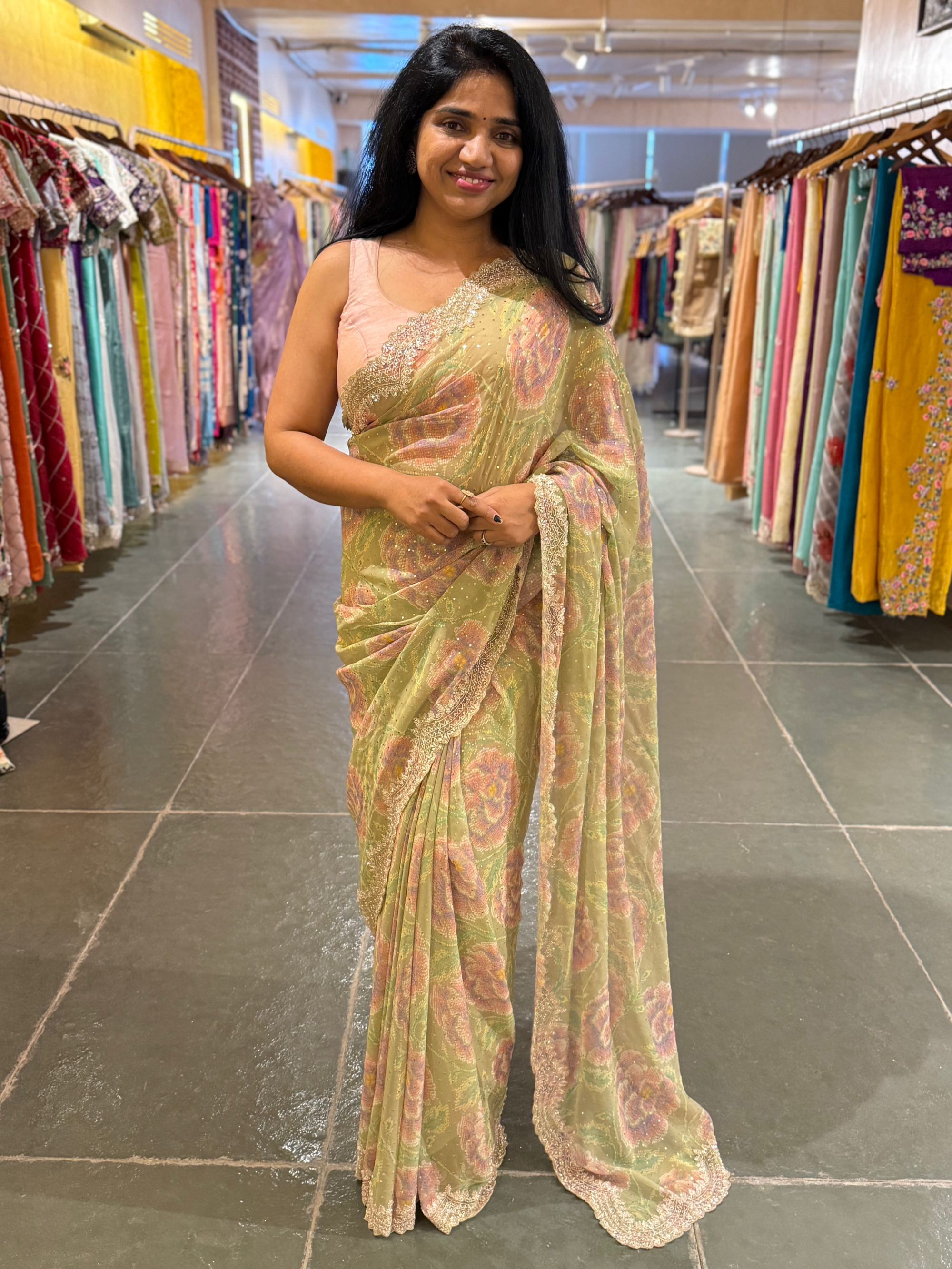 Pista Green Pure gorgette printed Saree with handwork