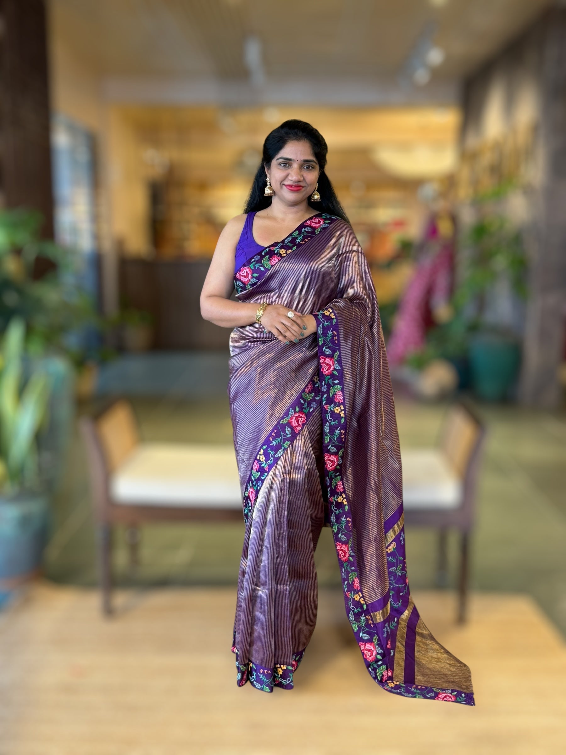 Violet Tissue Stripes Saree With  Petite Point Embroidered Border Pallu and BP