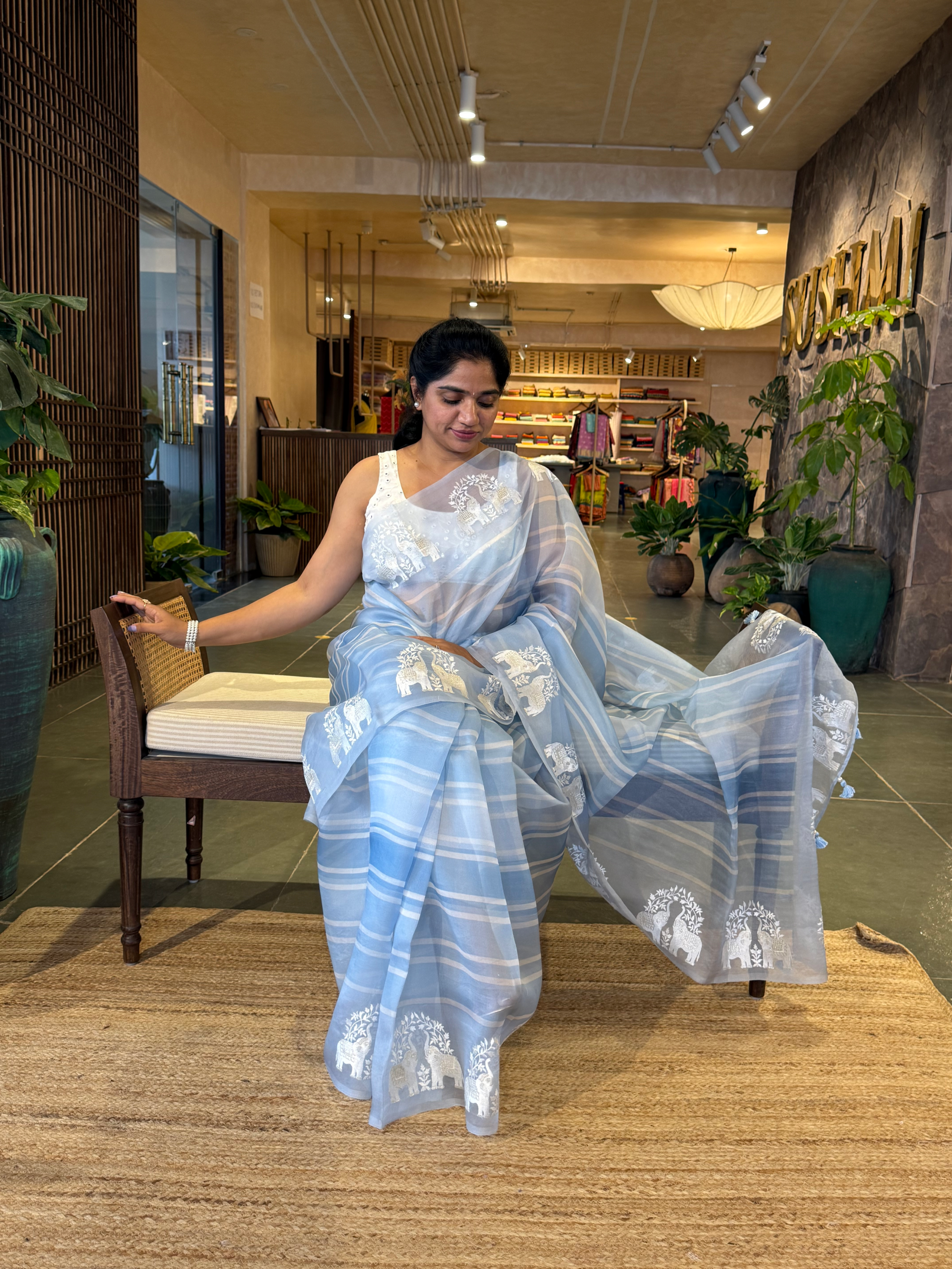 DOEA2701 Blue Shaded Pure Organza  Saree with Embroidery