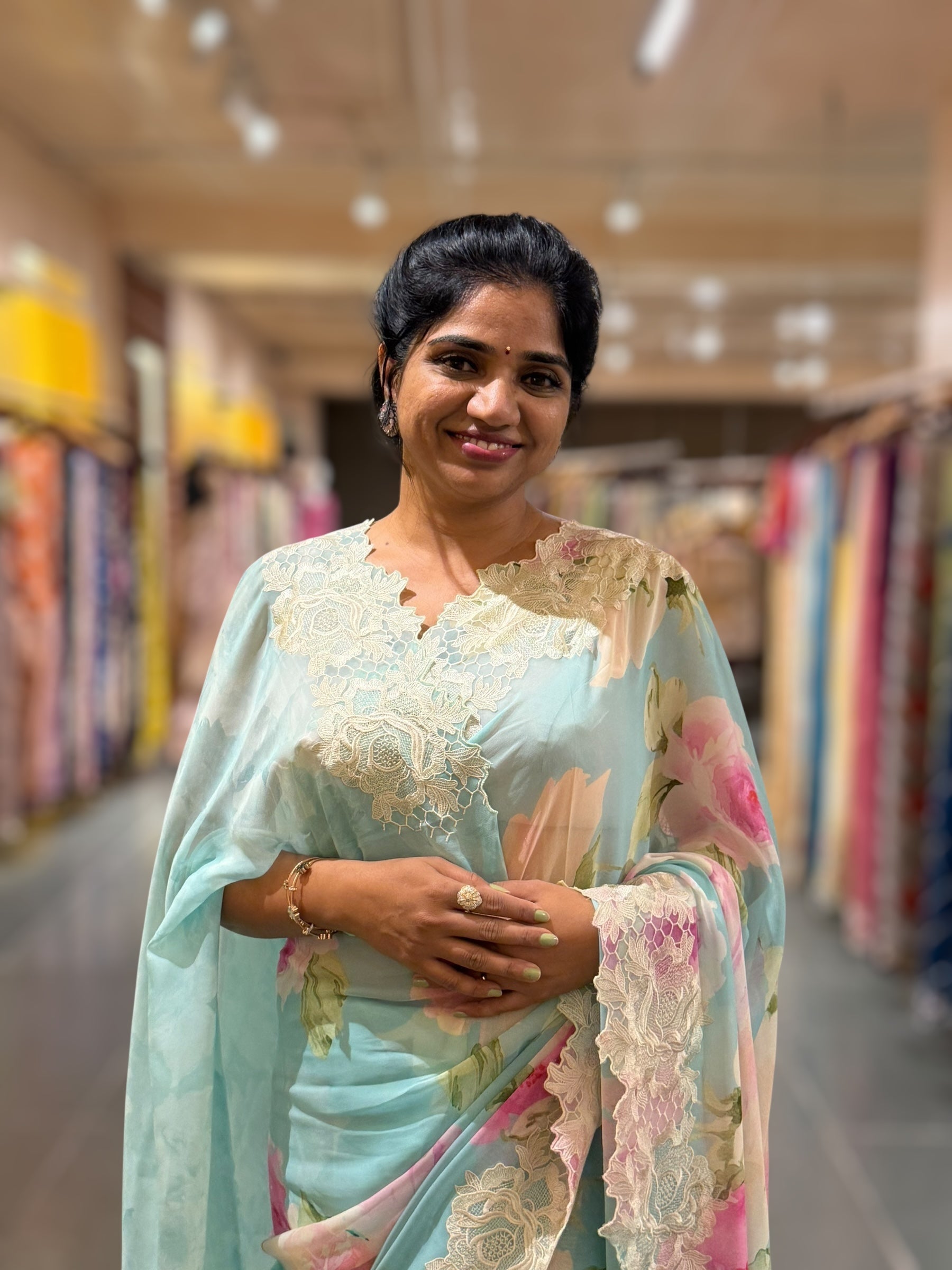 Light Blue painting Style Printed Gorgette Saree With Cutwork Lace Border