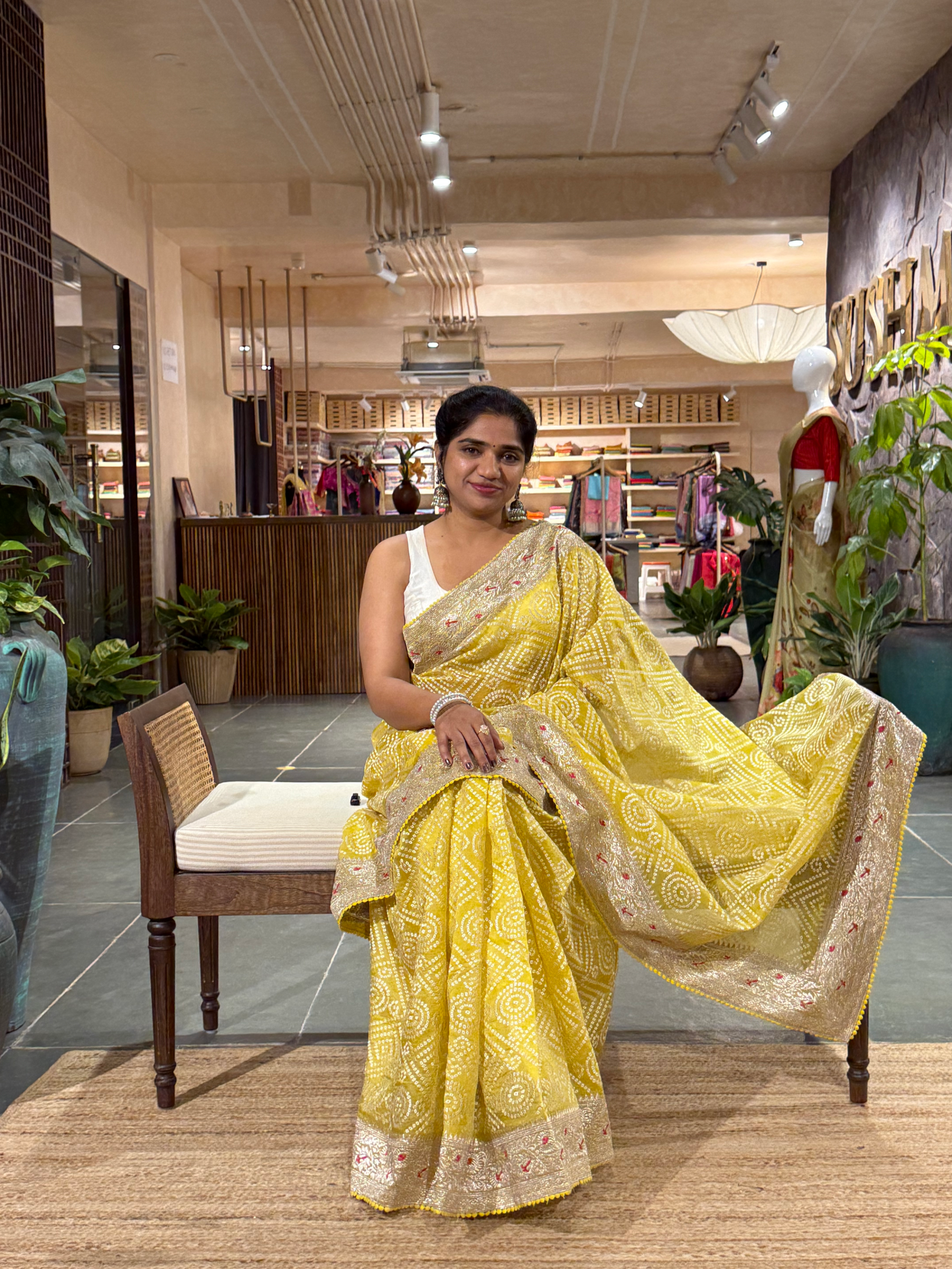 SOBBM171: Lemon Yellow Organza Banarasi with Bandhini Look Allover Embroidery