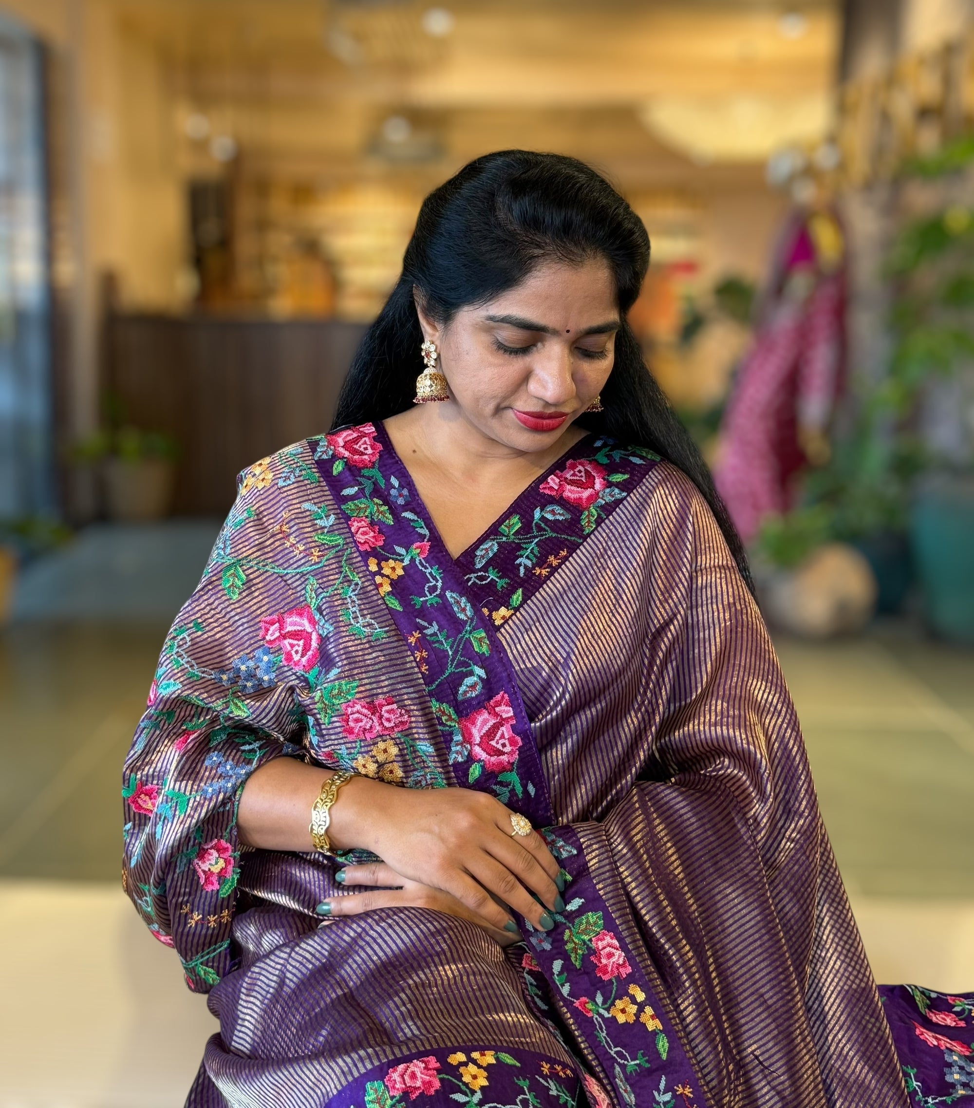 Violet Tissue Stripes Saree With  Petite Point Embroidered Border Pallu and BP