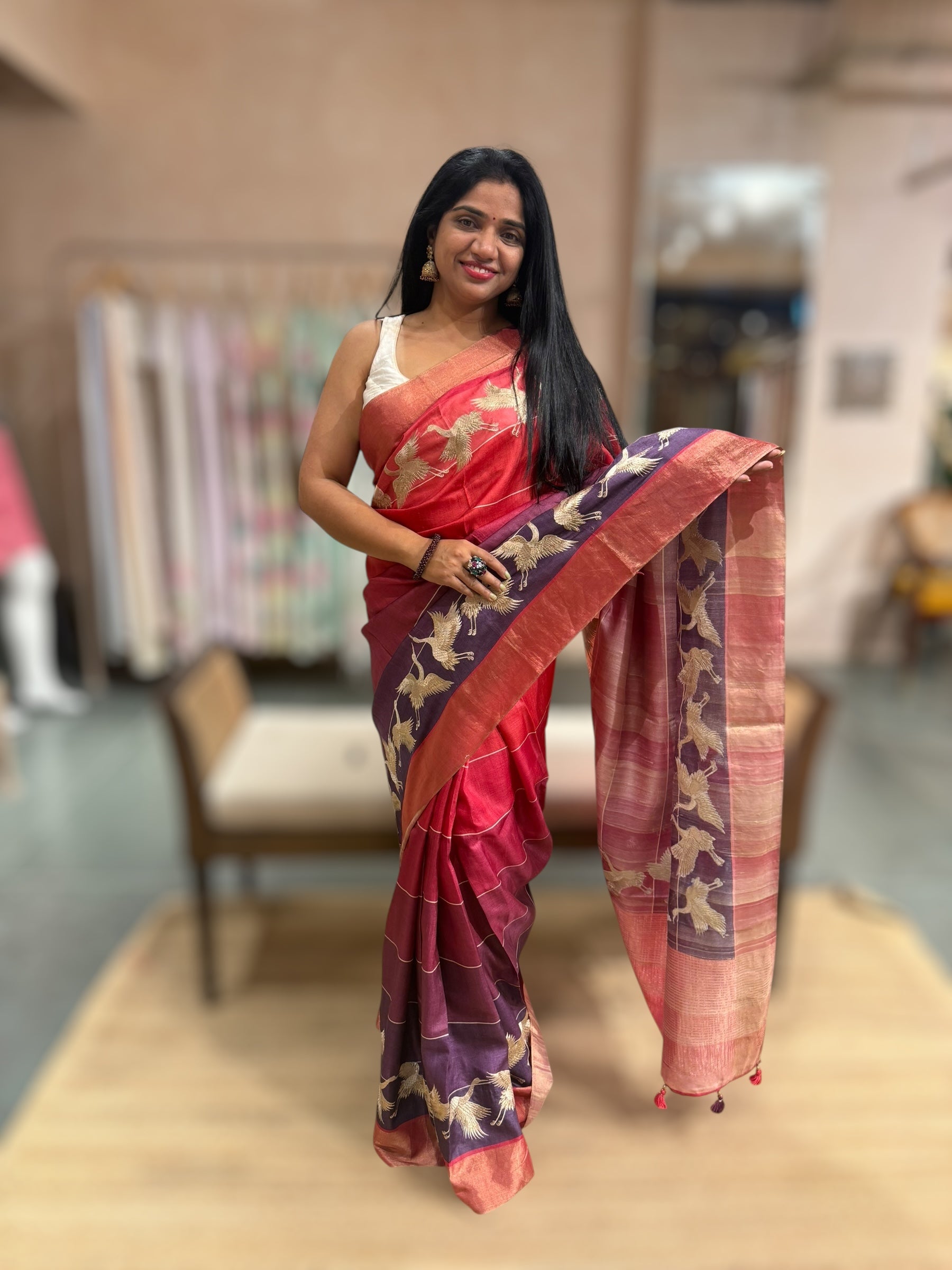 Tussar Rangkaat Saree With Crane Bird  Embroidered Border