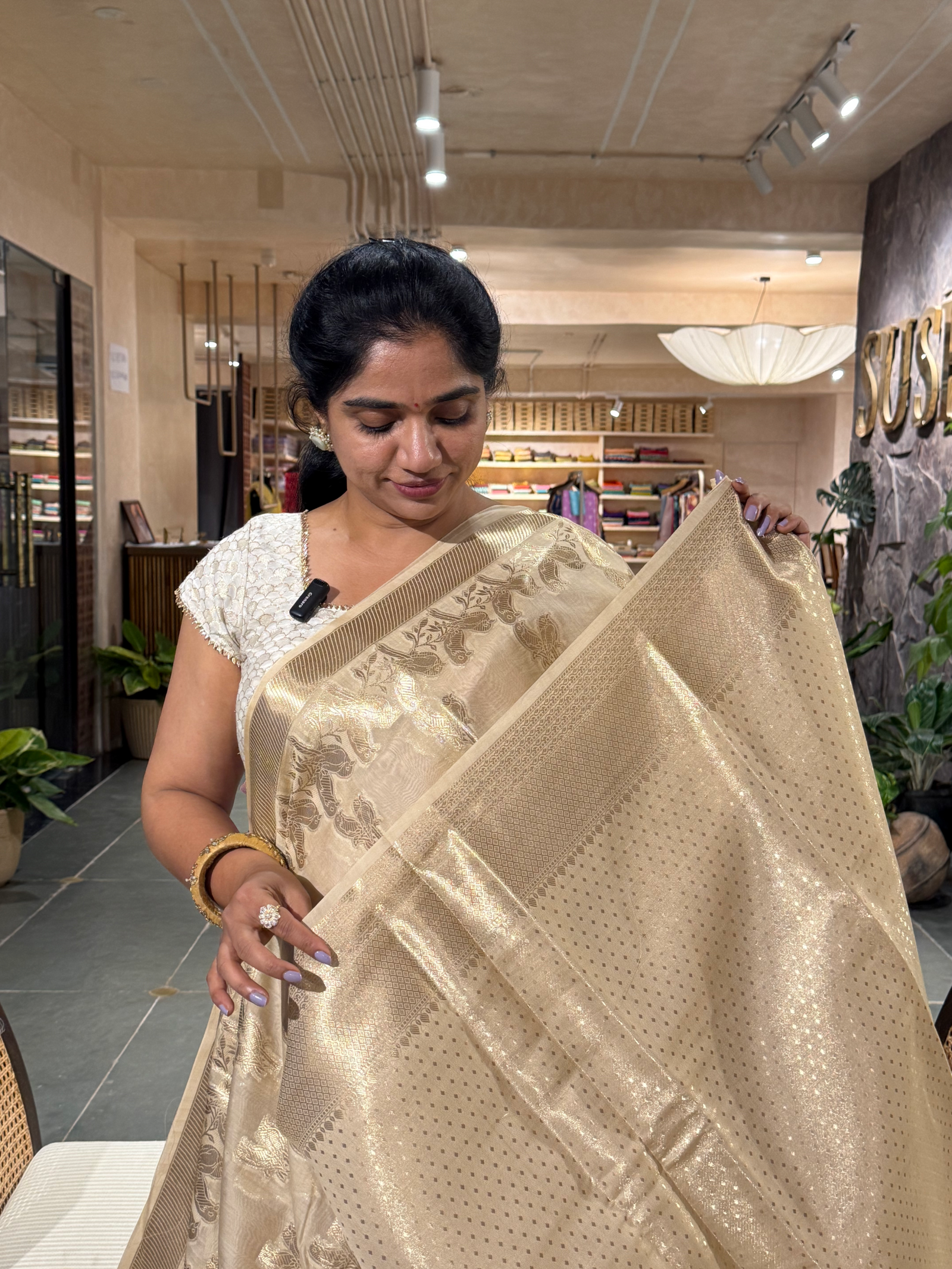 BMSA1407 Beige Banaras mul silk Cotton allover love birds weaving  Saree