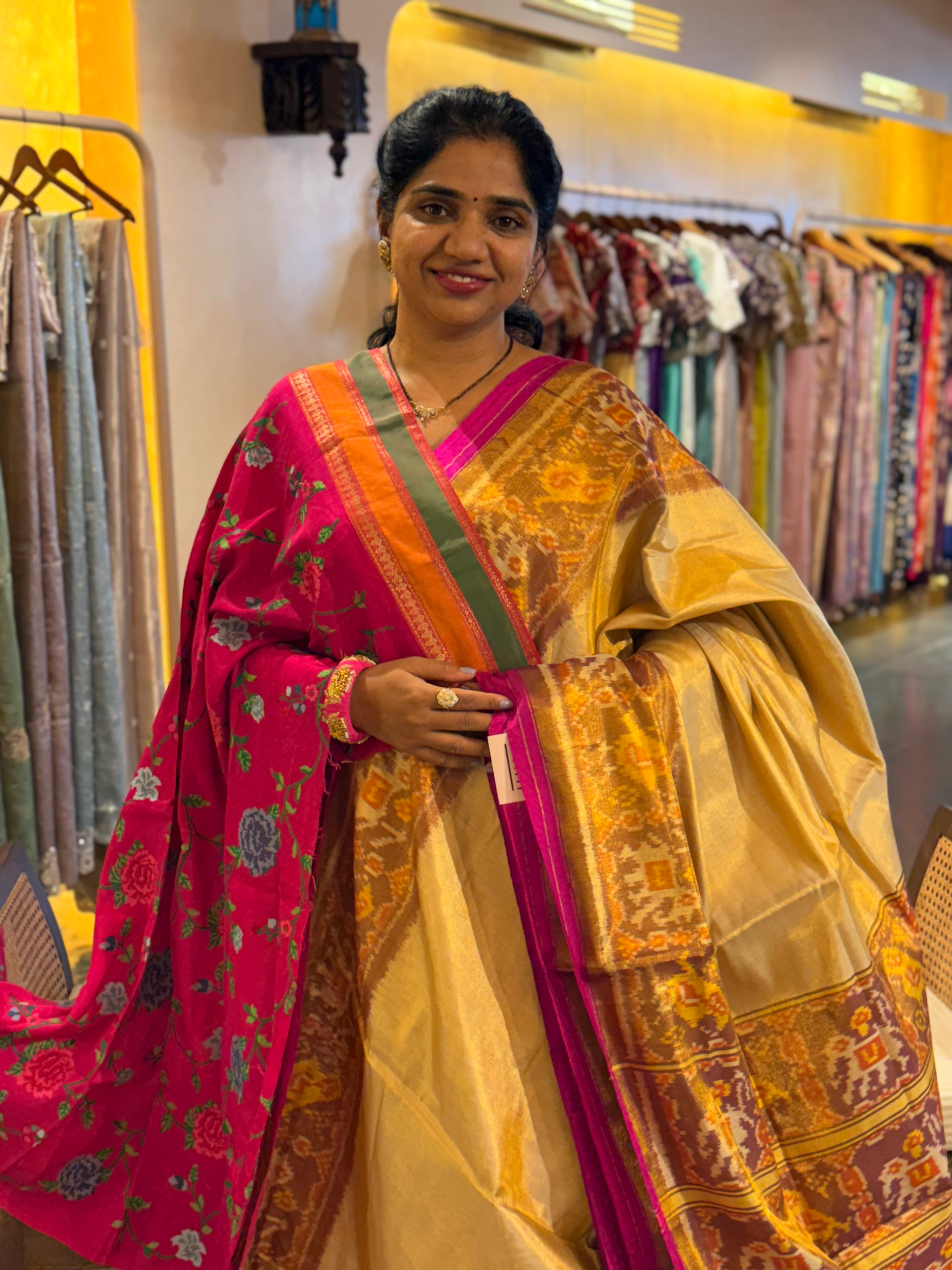Beige Gold  Color Tissue Patan Patola Saree With Elephant and Parrot Borders