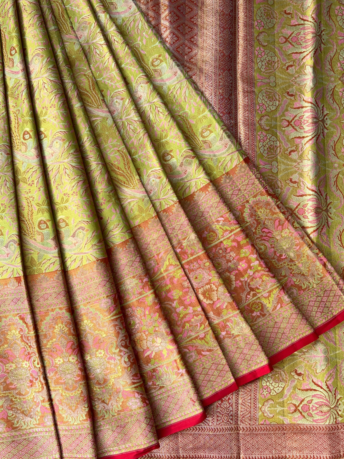 Lime Green & Red Combo Pure Kanjeevaram Meenakari Saree