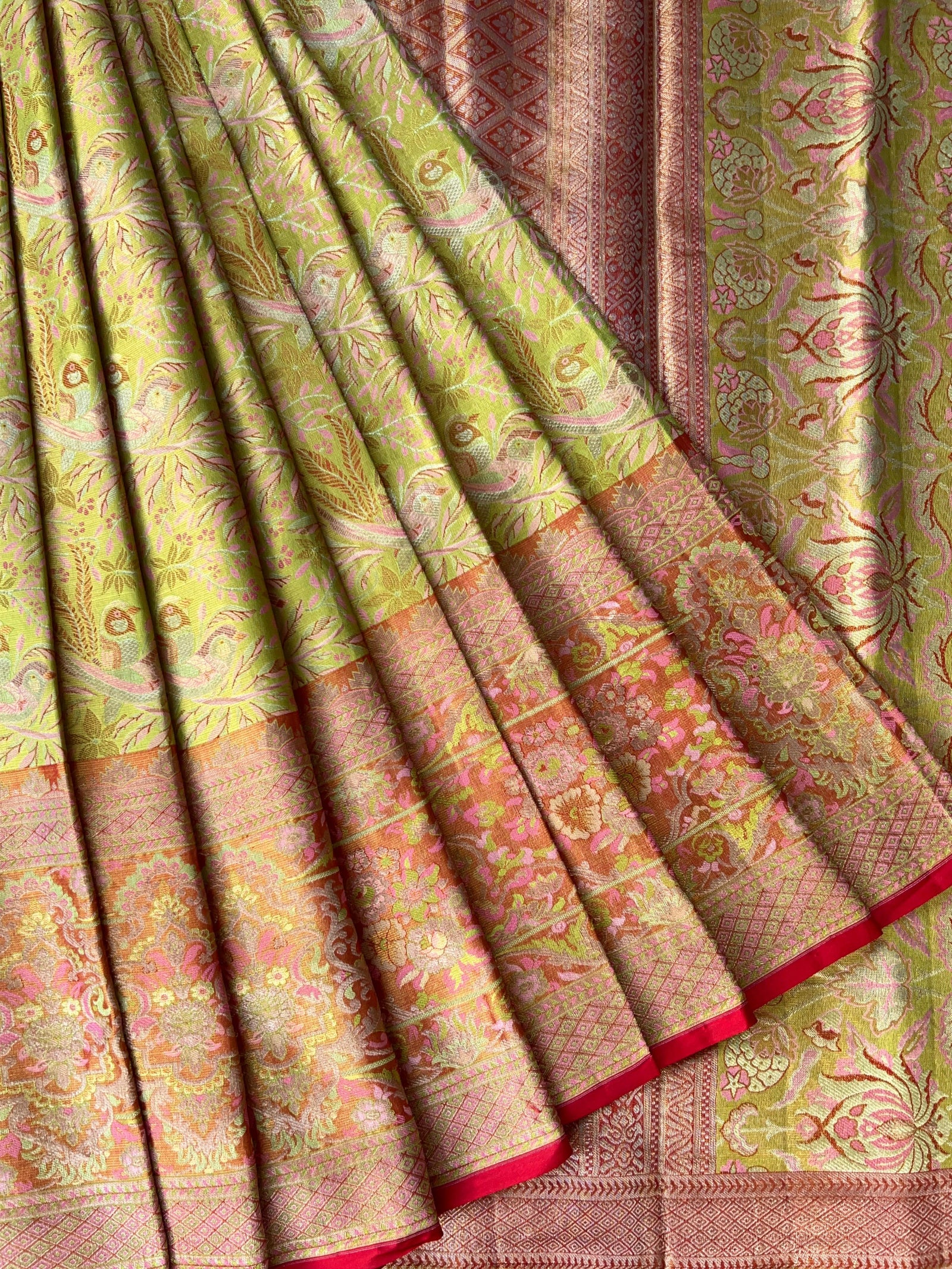 Lime Green & Red Combo Pure Kanjeevaram Meenakari Saree