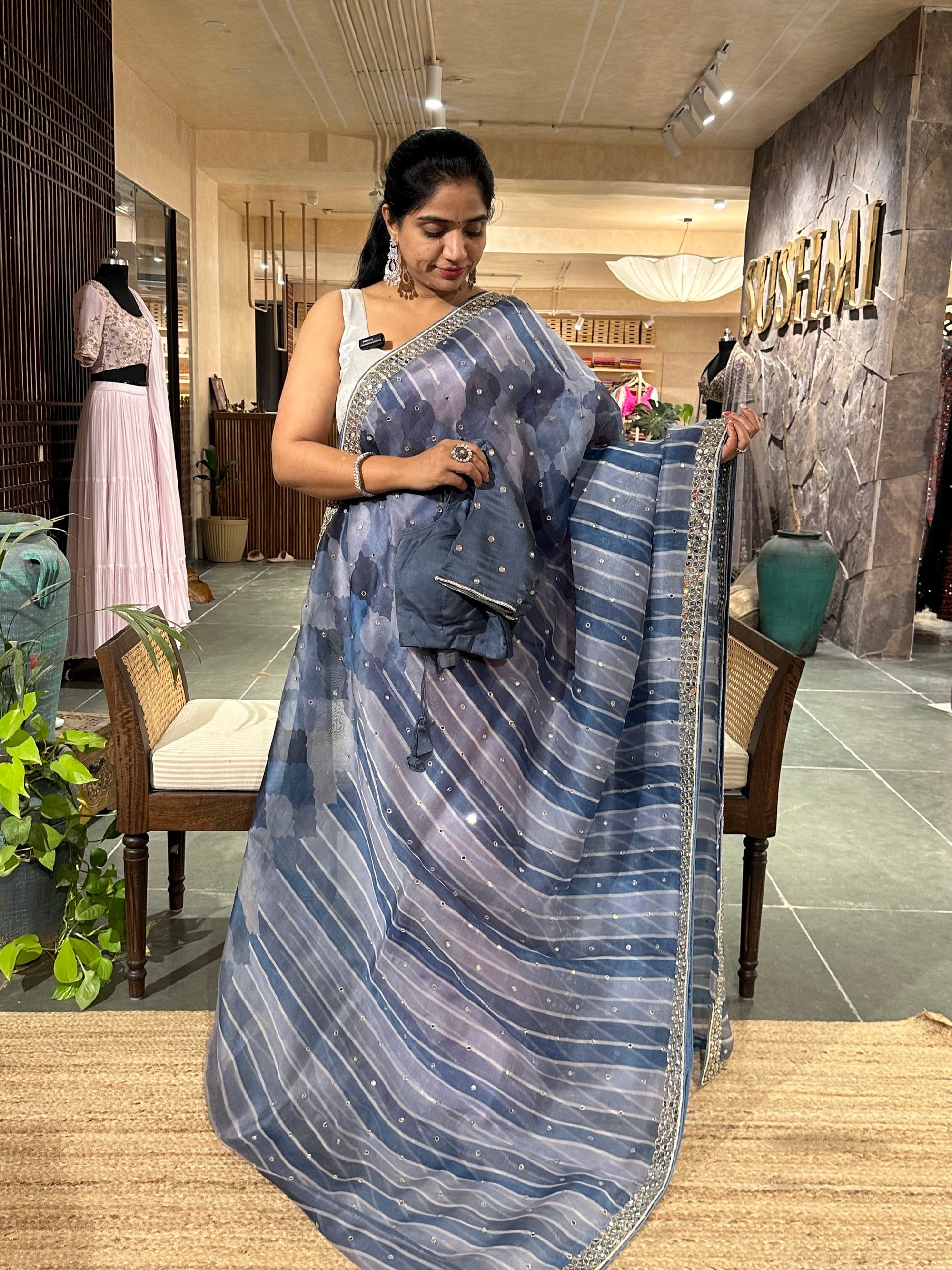 Organza Handwork Saree with mirrorwork