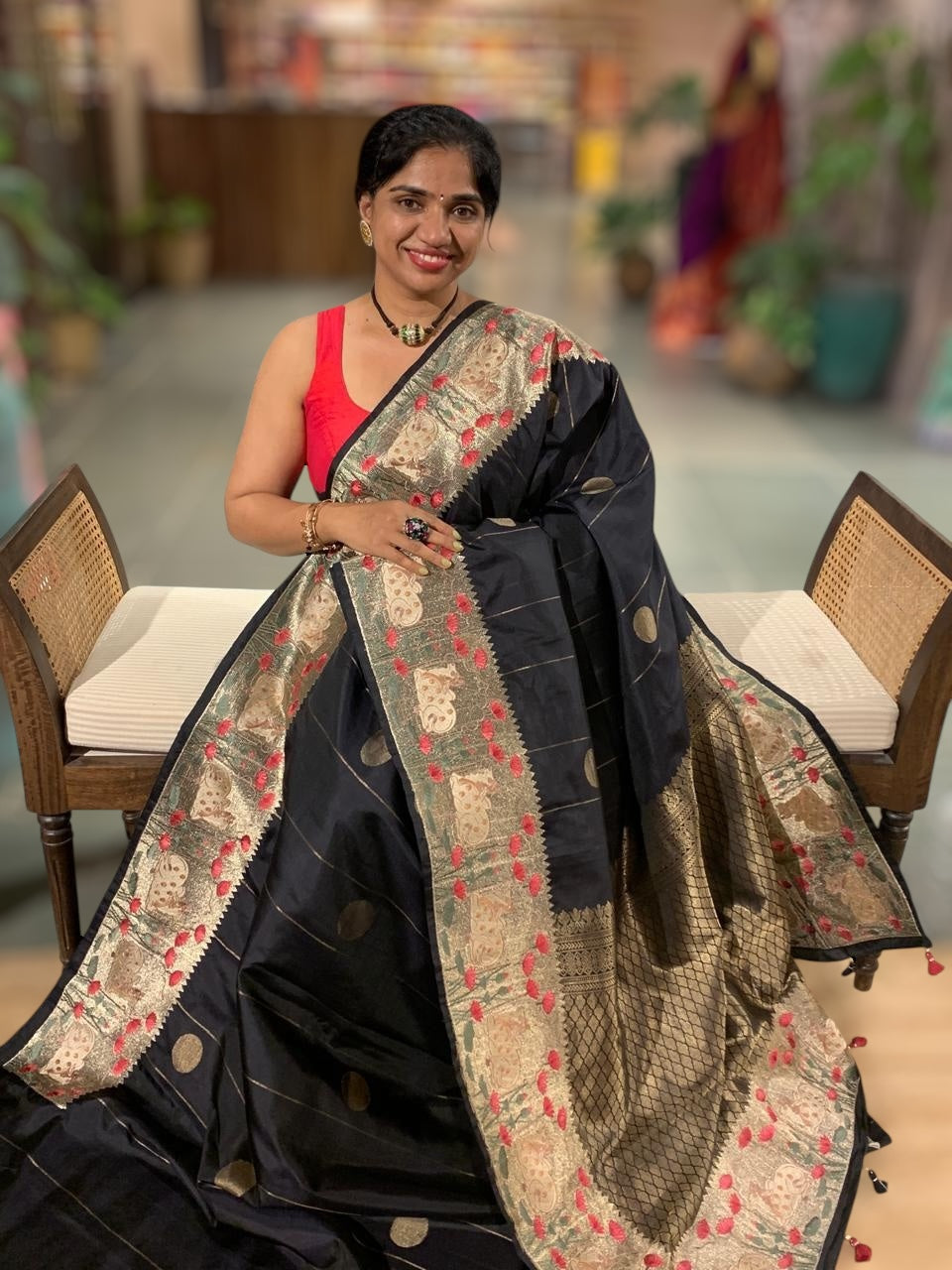 Black Kanjeevaram Silk Saree With Tissue Pichwai Embroidery Border