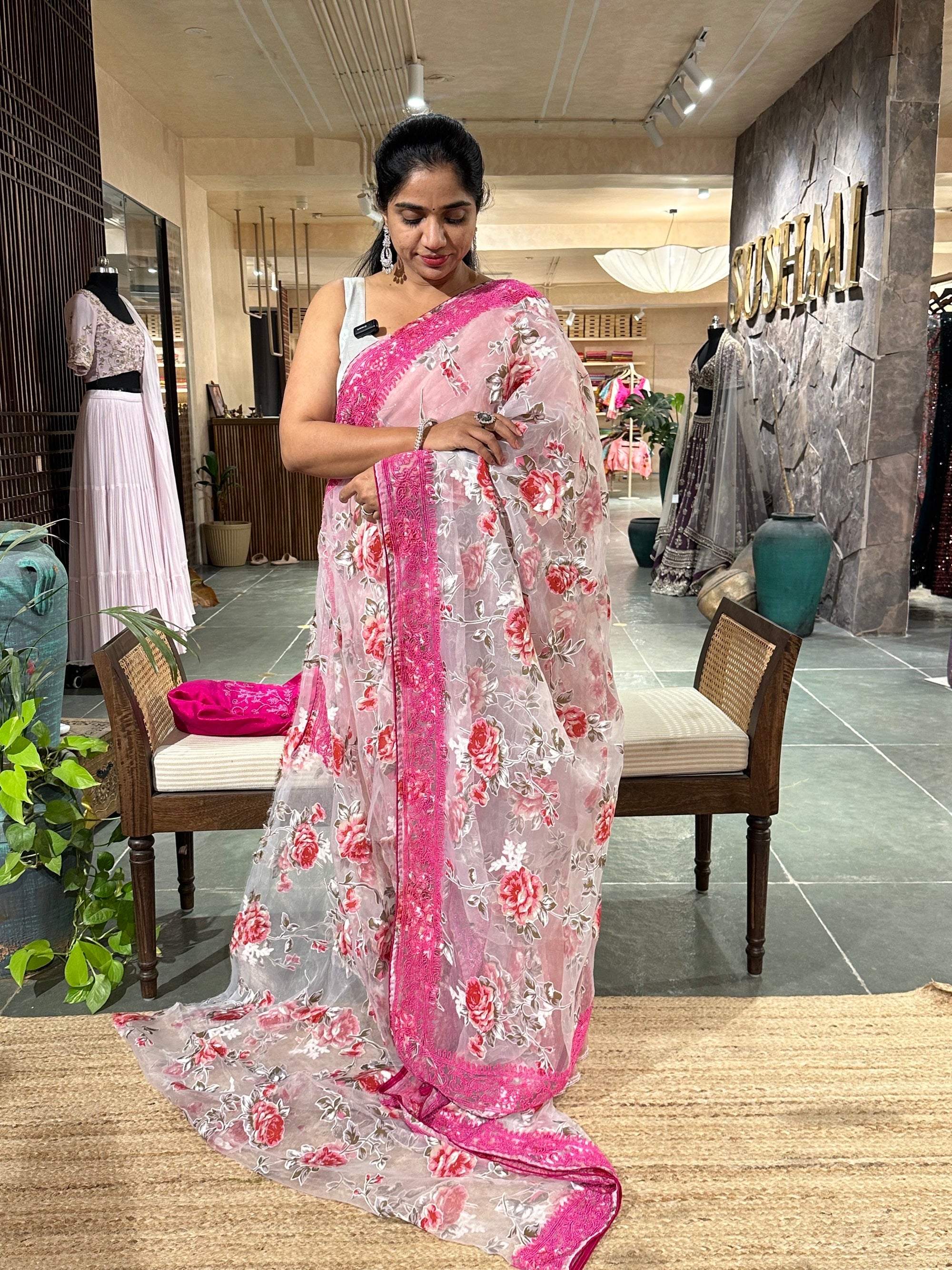 Glass Organza Floral printed Saree with heavy beadwork border and blouse