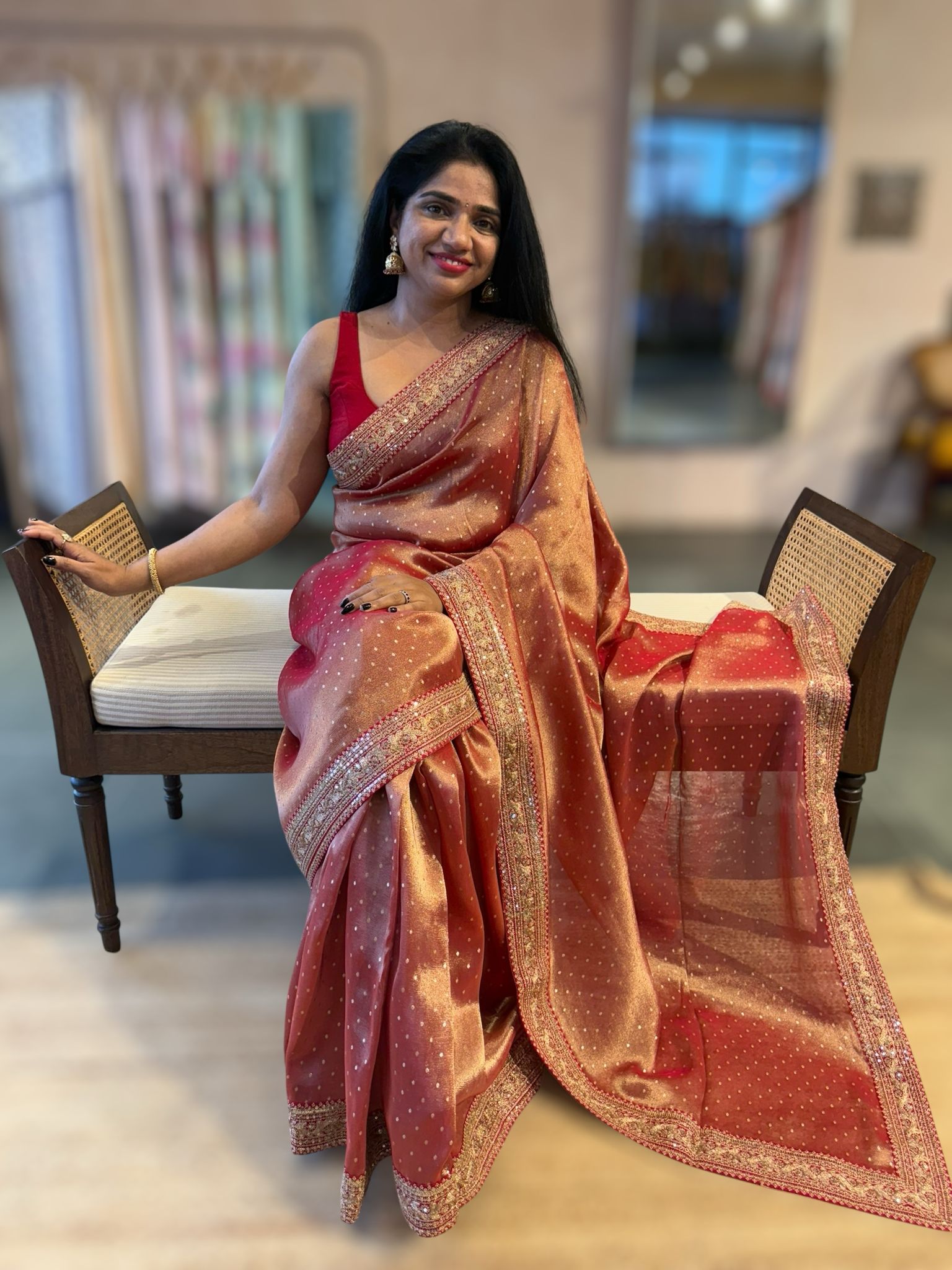 Red Tissue Gorgette saree witj sabyasachi borders and allover pitawork blouse