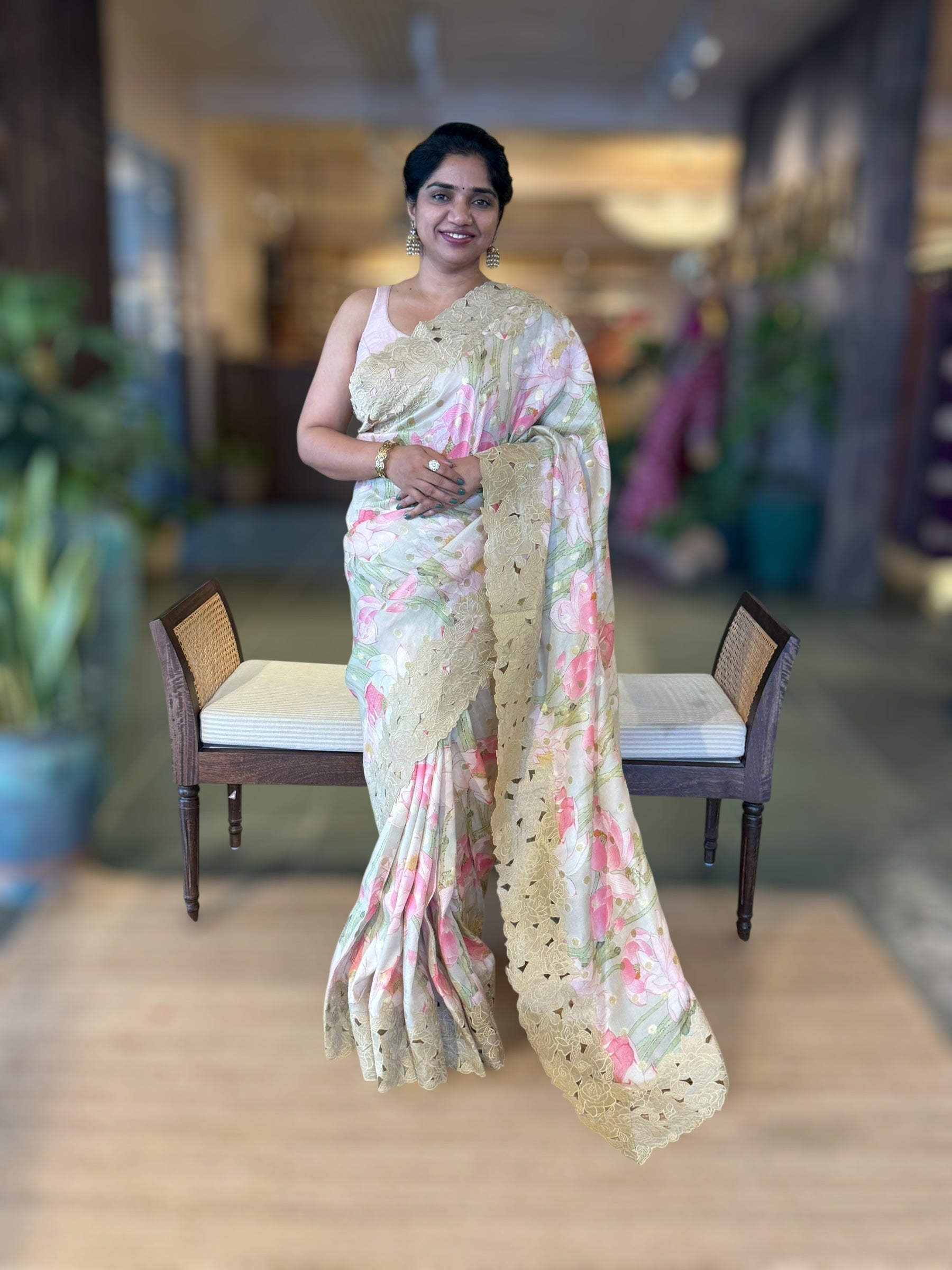 DustyTone Banarasi Printed Tussar Khaddi Gorgette Wth Tissue cutwork Rose Border