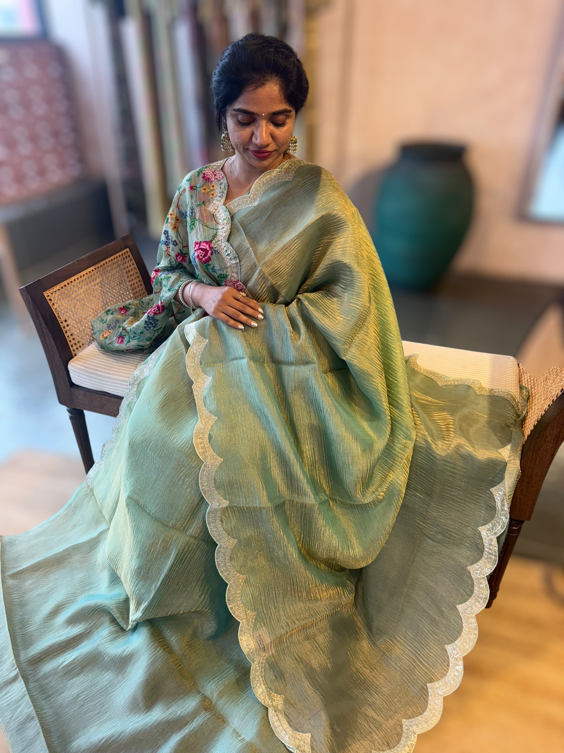 Ombre Dyed Crush Tissue Saree With Pitawork Border & Petite Point Embroidered BP