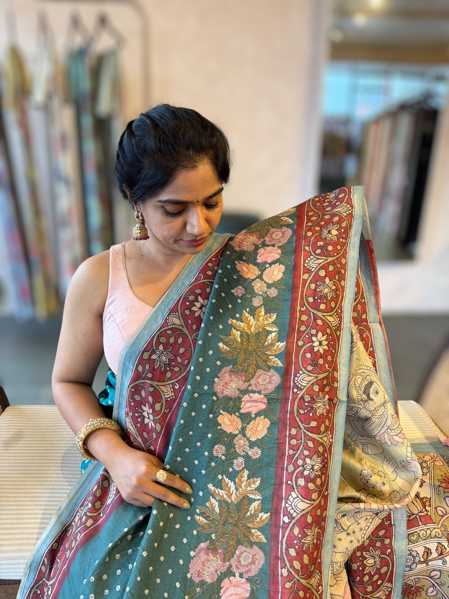 Bandhini Saree With Pen kalamkari Border & Petite Point Emb Blouse