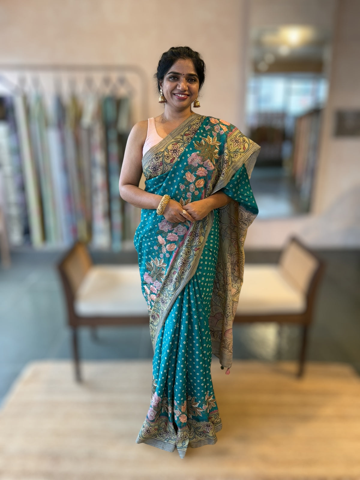 Teal Tussar Bandhini Saree With Pen kalamkari Border & Petite Point Emb Blouse