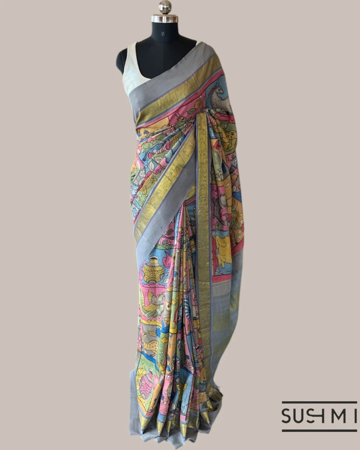 Kanchi Pen kalamkari handpainted saree with heavy borders