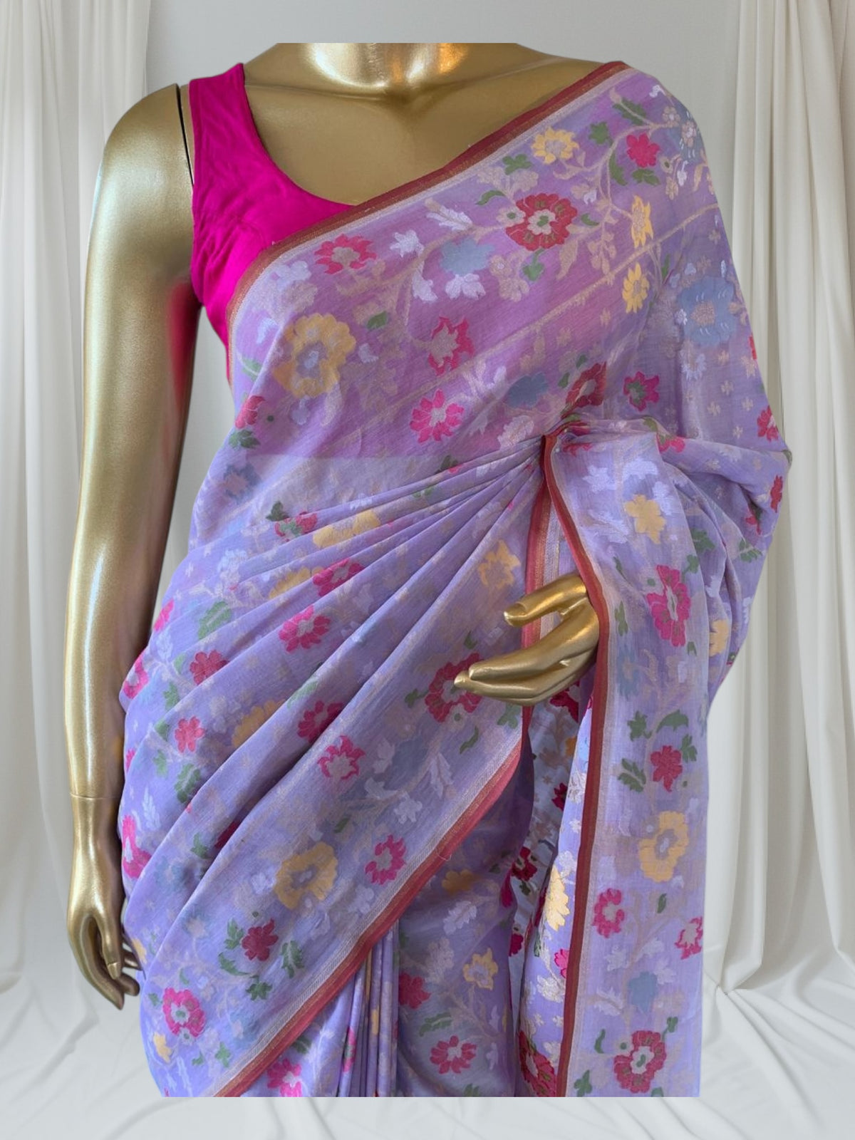 Lilac Banarasi Handloom Cotton Cut Jamdani Saree With Allover Meenakari